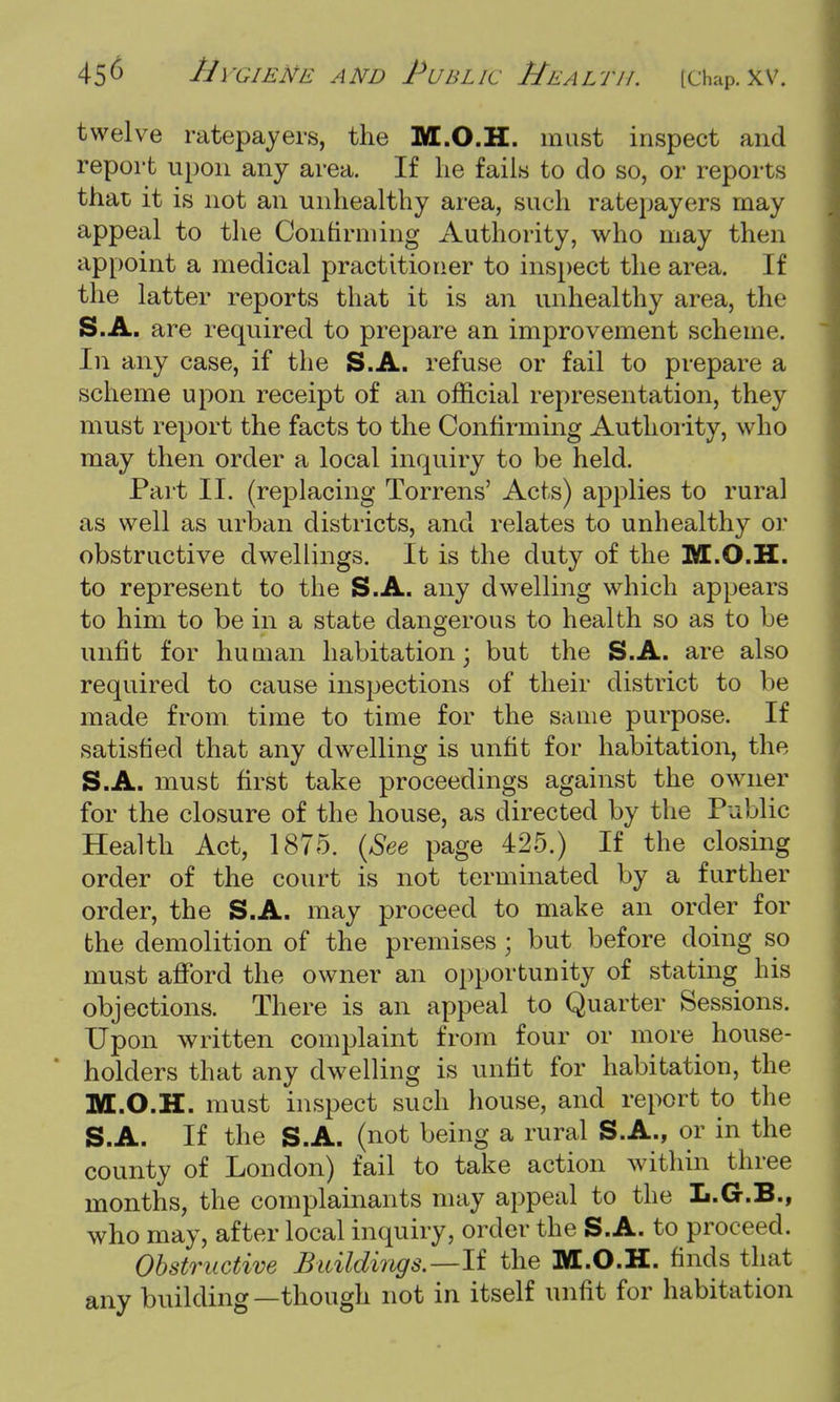 twelve ratepayers, the M.O.H. must inspect and report upon any area. If lie fails to do so, or reports that it is not an unhealthy area, such ratepayers may appeal to the Continuing Authority, who may then appoint a medical practitioner to inspect the area. If the latter reports that it is an unhealthy area, the S.A. are required to prepare an improvement scheme. In any case, if the S.A. refuse or fail to prepare a scheme upon receipt of an official representation, they must report the facts to the Confirming Authority, who may then order a local inquiry to be held. Part II. (replacing Torrens' Acts) applies to rural as well as urban districts, and relates to unhealthy or obstructive dwellings. It is the duty of the M.O.H. to represent to the S.A. any dwelling which appears to him to be in a state dangerous to health so as to be unfit for human habitation 3 but the S.A. are also required to cause inspections of their district to be made from time to time for the same purpose. If satisfied that any dwelling is unfit for habitation, the S.A. must first take proceedings against the owner for the closure of the house, as directed by the Public Health Act, 1875. (See page 425.) If the closing order of the court is not terminated by a further order, the S.A. may proceed to make an order for the demolition of the premises; but before doing so must afford the owner an opportunity of stating his objections. There is an appeal to Quarter Sessions. Upon written complaint from four or more house- holders that any dwelling is unfit for habitation, the M.O.H. must inspect such house, and report to the S.A. If the S.A. (not being a rural S.A., or in the county of London) fail to take action within three months, the complainants may appeal to the L.G.B., who may, after local inquiry, order the S.A. to proceed. Obstructive Buildings.—-If the M.O.H. finds that any building—though not in itself unfit for habitation