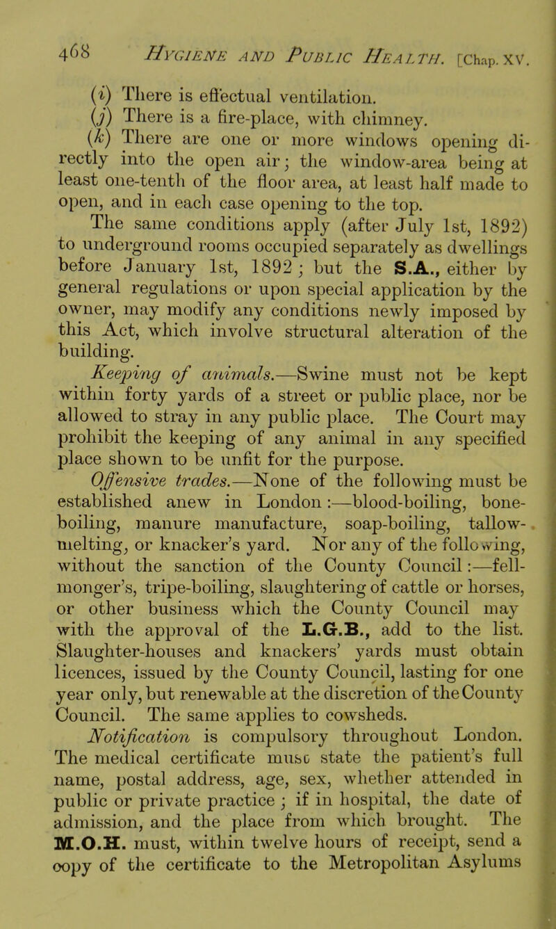 (i) There is effectual ventilation. (J) There is a fire-place, with chimney. (k) There are one or more windows opening di- rectly into the open air; the window-area being at least one-tenth of the floor area, at least half made to open, and in each case opening to the top. The same conditions apply (after July 1st, 1892) to underground rooms occupied separately as dwellings before January 1st, 1892 ; but the S.A., either by general regulations or upon special application by the owner, may modify any conditions newly imposed by this Act, which involve structural alteration of the building. Keeping of animals.—Swine must not be kept within forty yards of a street or public place, nor be allowed to stray in any public place. The Court may prohibit the keeping of any animal in any specified place shown to be unfit for the purpose. Offensive trades.—None of the following must be established anew in London:—blood-boiling, bone- boiling, manure manufacture, soap-boiling, tallow- meltings or knacker's yard. Nor any of the following, without the sanction of the County Council:—fell- monger's, tripe-boiling, slaughtering of cattle or horses, or other business which the County Council may with the approval of the L.G.B., add to the list. Slaughter-houses and knackers' yards must obtain licences, issued by the County Council, lasting for one year only, but renewable at the discretion of the County Council. The same applies to cowsheds. Notification is compulsory throughout London. The medical certificate muso state the patient's full name, postal address, age, sex, whether attended in public or private practice ; if in hospital, the date of admission, and the place from which brought. The M.O.H. must, within twelve hours of receipt, send a copy of the certificate to the Metropolitan Asylums