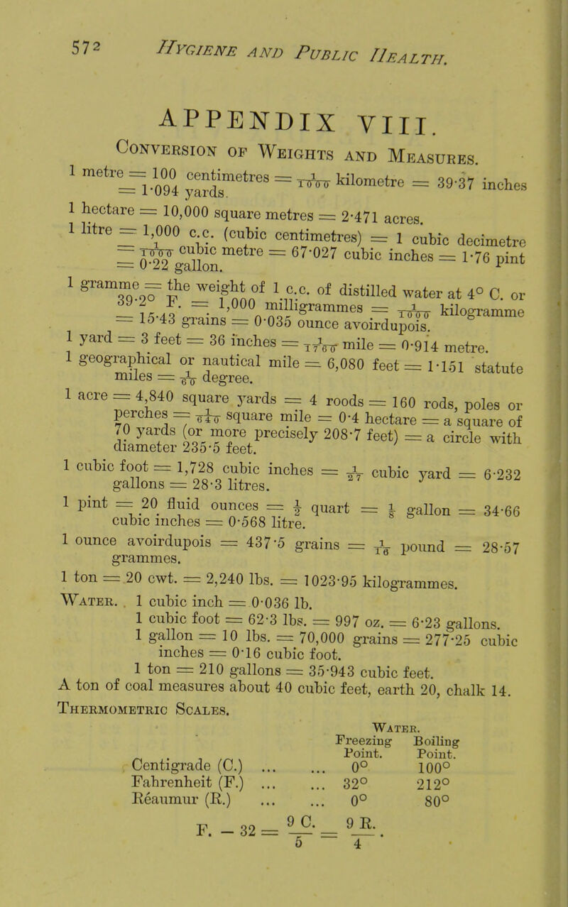 TIT. APPENDIX VIII. Conversion op Weights and Measures 1 metrLiyc^rtres=kiiometre =39'37 1 hectare = 10,000 square metres = 2-471 acres 1 litre = 1 000 c c. (cubic centimetres) = 1 cubic decimetre ~ jra? °^1C metrG = 67'027 cubic inches = 1-76 pint = 0*22 gallon. * 1 8TaT9e2^ F 6 W6if nnn°f ^ °f distilled Water at 4° C- « -i^iq' = 1'000n^grammes = ^ kilogramme — 15 43 grains = 0-035 ounce avoirdupois 1 yard = 8 feet = 36 inches = ^ mile = 0-914 metre. 1 geographical or nautical mile = 6,080 feet = 1-151 statute miles = degree. 1 acre = 4 840 square yards = 4 roods = 160 rods, poles or perches = ^ square mile = 0-4 hectare = a square of r yar. ^re Precisely 2°8'7 feet) = a circle with diameter 235-5 feet. 1 cubic foot = 1,728 cubic inches = ^ cubic yard = 6-232 gallons = 28-3 litres. 1 pint = 20 fluid ounces = J quart = | gallon = 34-66 cubic inches = 0-568 litre. 1 ounce avoirdupois = 437'5 grains = a, pound = 28-57 grammes. 1 ton = 20 cwt. = 2,240 lbs. = 1023-95 kilogrammes. Water. 1 cubic inch = 0-036 lb. 1 cubic foot = 62-3 lbs. = 997 oz. = 6-23 gallons 1 gallon = 10 lbs. = 70,000 grains = 277-25 cubic inches = 0-16 cubic foot. 1 ton = 210 gallons = 35-943 cubic feet. A ton of coal measures about 40 cubic feet, earth 20, chalk 14. Thermometry Scales. Water. Freezing Boiling . Point. Point. Centigrade (C.) 0° 100° Fahrenheit (F.) 32° 212° Reaumur (R.) 0° 80° t? qo 9 C. 9 R.