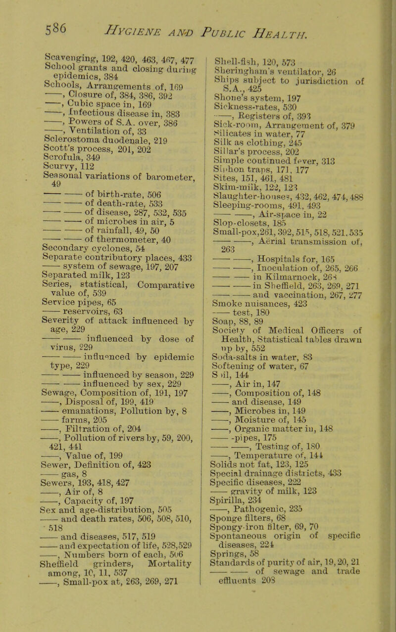 Scavenging, 192, 420, 463, 467, 477 School grants and closing durine epidemics, 384 Schools, Arrangements of, 169 , Closure of, 384, 386, 392 , Cubic space in, 169 , Infectious disease in, 383 , Powers of S.A. over, 386 , Ventilation of, 33 Sclerostoma duodenale, 219 Scott's process, 201, 202 Scrofula, 349 Scurvy, 112 Seasonal variations of barometer 49 of birth-rate, 506 of death-rate, 533 of disease, 287, 532, 535 of microbes in air, 5 of rainfall, 49, 50 of thermometer, 40 Secondary cyclones, 54 Separate contributory places, 433 system of sewage, 197, 207 Separated milk, 123 Series, statistical, Comparative value of, 539 Service pipes, 65 reservoirs, 63 Severity of attack influenced by age, 229 influenced by dose of virus, 229 influenced by epidemic type, 229 influenced by season, 229 ■ influenced by sex, 229 Sewage, Composition of, 191, 197 , Disposal of, 199, 419 emanations, Pollution by, 8 farms, 205 , Filtration of, 204 , Pollution of rivers by, 59, 200, 421, 441 , Value of, 199 Sewer, Definition of, 423 gas, 8 Sewers, 193, 418, 427 , Air of, 8 , Capacity of, 197 Sex and age-distribution, 505 and death rates, 506, 508, 510, 518 and diseases, 517, 519 and expectation of life, 528,529 , Numbers born of each, 5u6 Sheffield grinders, Mortality among, 10, 11, 537 , Small-pox at, 263, 269, 271 1 ShHll-fish, 120, 573 Sheringhurn's ventilator, 26 Ships subject to jurisdiction of S.A., 425 Shone's system, 197 Sickness-rates, 530 —, Registers of, 393 Sick-room, Arrangement of, 379 silicates in water, 77 Silk as clothing, 245 Si liar's process, 202 Simple coutinued fever, 313 Siphon traps, 171, 177 Sites, 151, 461, 481 Skim-milk, 122, 123 Slaughter-house?, 432,462, 474,488 Sleeping-rooms, 491, 493 , Air-space in, 22 Slop-closets, 185 Small-pox,261,392,51% 518,521,535 , Aerial transmission of, 263 , Hospitals for, 165 , Inoculation of, 265, 266 in Kilmarnock, 26s in Sheffield, 263, 269, 271 and vaccination, 267, 277 Smoke nuisances, 423 test, 180 SoajD, 88, 89 Society of Medical Officers of Health, Statistical tables drawn up by, 552 Soda-salts in water, 83 Softening of water, 67 S >il, 144 , Air in, 147 , Composition of, 148 and disease, 149 , Microbes in, 149 , Moisture of, 145 , Organic matter in, 148 pipes, 175 , Testing of, ISO , Temperature of, 144 Solids not fat, 123, 125 Special drainage districts, 433 Specific diseases, 222 gravity of milk, 123 Spirilla, 234 , Pathogenic, 235 Sponge filters, 68 Spongy-iron filter, 69, 70 Spontaneous origin of specific diseases, 224 Springs, 58 Standards of purity of air, 19,20, 21 of sewage and trade effluents 203