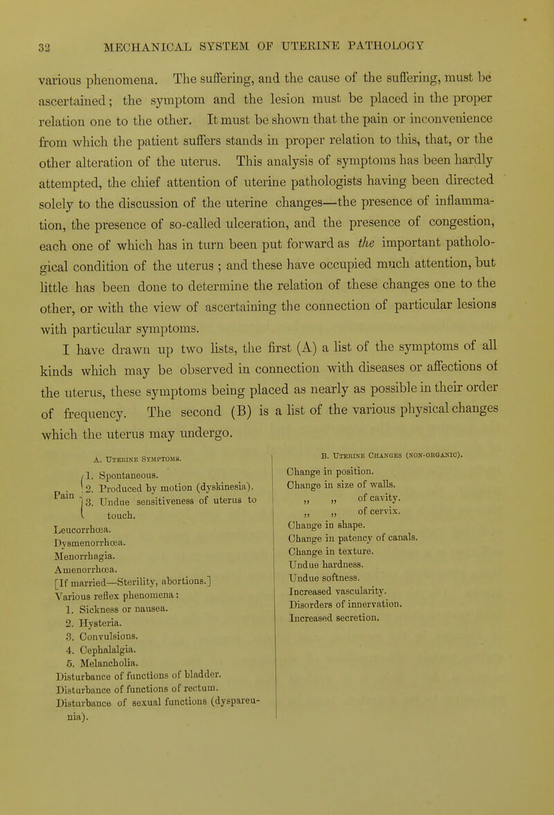 various phenomena. The suffering, and the cause of the suffering, must be ascertained; the symptom and the lesion must be placed in the proper relation one to the other. It must be shown that the pain or inconvenience from which the patient suffers stands in proper relation to this, that, or the other alteration of the uterus. This analysis of symptoms has been hardly attempted, the chief attention of uterine pathologists having been directed solely to the discussion of the uterine changes—the presence of inflamma- tion, the presence of so-called ulceration, and the presence of congestion, each one of which has in turn been put forward as the important patholo- gical condition of the uterus ; and these have occupied much attention, but little has been done to determine the relation of these changes one to the other, or with the view of ascertaining the connection of particular lesions with particular symptoms. I have drawn up two lists, the first (A) a hst of the symptoms of all kinds which may be observed in connection with diseases or affections of the uterus, these symptoms being placed as nearly as possible in their order of frequency. The second (B) is a list of the various physical changes which the uterus may undergo. A. Uterine Symptoms. i\. Spontaneous. . '2. Produced by motion (dyskinesia). 13. Undue sensitiveness of uterus to V touch. Leucorrhcea. Dysmenorrhoea. Menorrhagia. Amenorrhoea. [If married—Sterility, abortions.] Various reflex phenomena: 1. Sickness or nausea. 2. Hysteria. 3. Convulsions. 4. Cephalalgia. 5. Melancholia. Disturbance of functions of bladder. Disturbance of functions of rectum. Disturbance of sexual functions (dyspareu- nia). B. Uterine Changes (non-organic). Change in position. Change in size of ■walls. of cavity, of cervix. Change in shape. Change in patency of canals. Change in texture. Undue hardness. Undue softness. Increased vascularity. Disorders of innervation. Increased secretion.