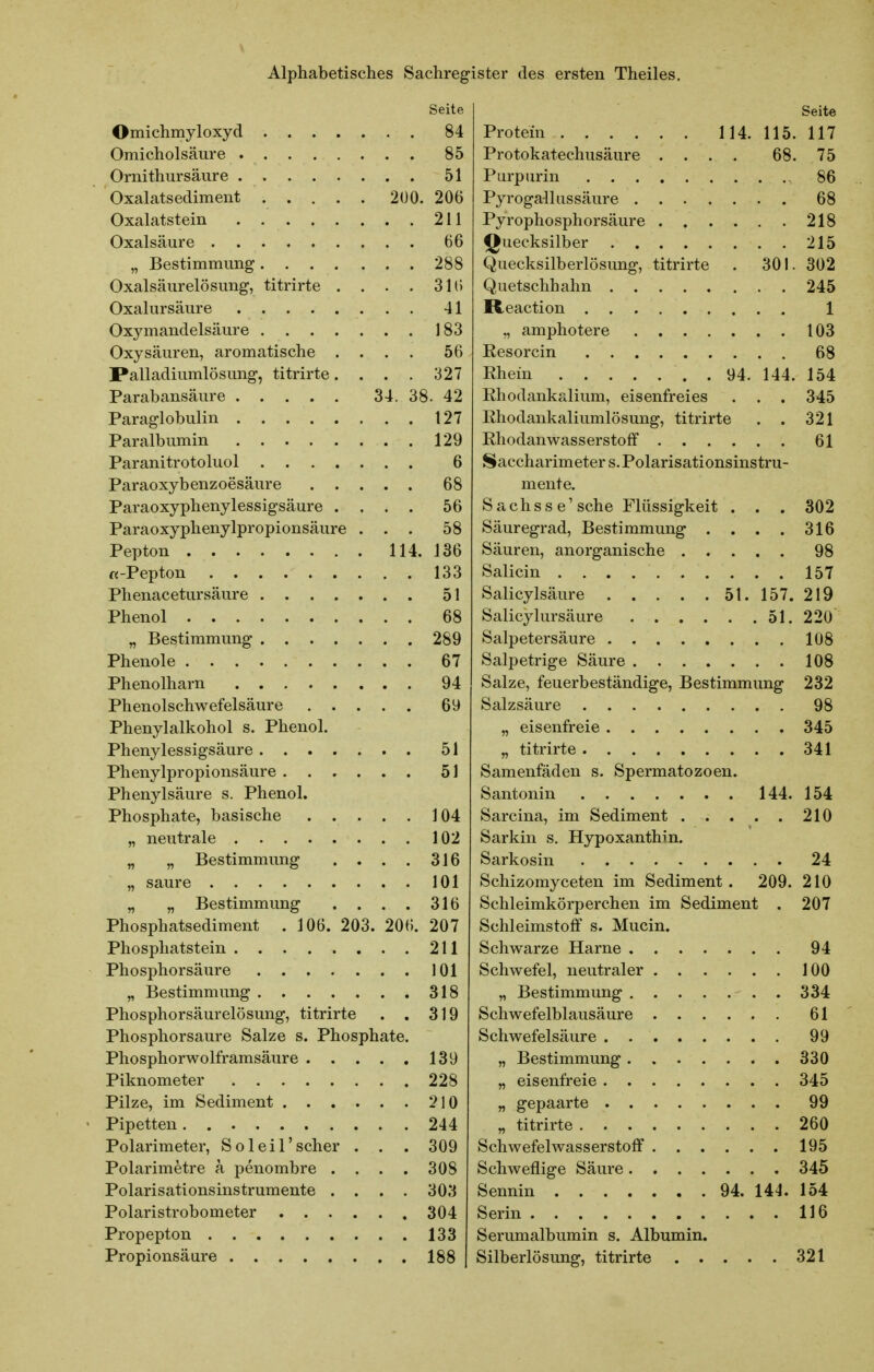 Seite Omichmyloxycl 84 Omicholsäure 85 Ornithursäure 51 Oxalatsediment 2Ü0. 206 Oxalatstein 211 Oxalsäure 66 „ Bestimmimg 288 Oxalsäurelösung, titrirte . . . . 31(i Oxalursäure 41 Oxymandelsäure 183 Oxysäuren, aromatische .... 56 I*alladiumlösung, titrirte. . . . 327 Parabansäure 34. 38. 42 Paraglobulin 127 Paralbumin . 129 Paranitrotoluol 6 Paraoxybenzoesäure 68 Paraoxyphenylessigsäure .... 56 Paraoxyphenylpropionsäure ... 58 Pepton 114. 136 «-Pepton 133 Phenacetursäure 51 Phenol 68 „ Bestimmung 289 Phenole 67 Phenolharn 94 Phenolschwefelsäure 69 Phenylalkohol s. Phenol. Phenylessigsäure 51 Phenylpropionsäure 51 Phenylsäure s. Phenol. Phosphate, basische 104 „ neutrale 102 „ „ Bestimmung . . . . 316 „ saure 101 „ „ Bestimmung . . . . 316 Phosphatsediment . 106. 203. 206. 207 Phosphatstein ........ 211 Phosphorsäure 101 „ Bestimmung 318 Phosphorsäurelösung, titrirte . . 319 Phosphorsaure Salze s. Phosphate. Phosphorwolframsäure 139 Piknometer 228 Pilze, im Sediment 210 Pipetten 244 Polarimeter, Soleil'scher . . . 309 Polarimetre a penombre . . . . 308 Polarisationsinstrumente .... 303 Polaristrobometer 304 Propepton 133 Propionsäure 188 Seite Protein 114. 115. 117 Protokatechusäure .... 68. 75 Purpurin 86 Pyroga-11 US säure 68 Pyrophosphorsäure 218 ^Quecksilber 215 Quecksilberlösung, titrirte . 301. 302 Quetschhahn 245 Reaction 1 amphotere 103 Eesorcin 68 Rhein 94. 144. 154 Rhodankalium, eisenfreies . . . 345 Rhodankaliumlösung, titrirte . . 321 Rhodanwasserstoff 61 Saccharimeters. Polarisationsinstru- mente. S achs s e'sehe Flüssigkeit . . . 302 Säuregrad, Bestimmung . . . . 316 Säuren, anorganische 98 Salicin 157 Salicylsäure 51. 157. 219 Salicylursäure 51. 220 Salpetersäure 108 Salpetrige Säure 108 Salze, feuerbeständige, Bestimmung 232 Salzsäure 98 „ eisenfreie 345 „ titrirte 341 Samenfäden s. Spermatozoen. Santonin 144. 154 Sarcina, im Sediment 210 Sarkin s. Hypoxanthin. Sarkosin 24 Schizomyceten im Sediment . 209. 210 Schleimkörperchen im Sediment . 207 Schleimstoff s. Mucin. Schwarze Harne 94 Schwefel, neutraler 100 „ Bestimmung 334 Schwefelblausäure 61 Schwefelsäure 99 „ Bestimmung 330 „ eisenfreie 345 „ gepaarte 99 „ titrirte 260 Schwefelwasserstoff 195 Schweflige Säure 345 Sennin 94. 1^4. 154 Serin 116 Serumalbumin s. Albumin. Silberlösung, titrirte 321