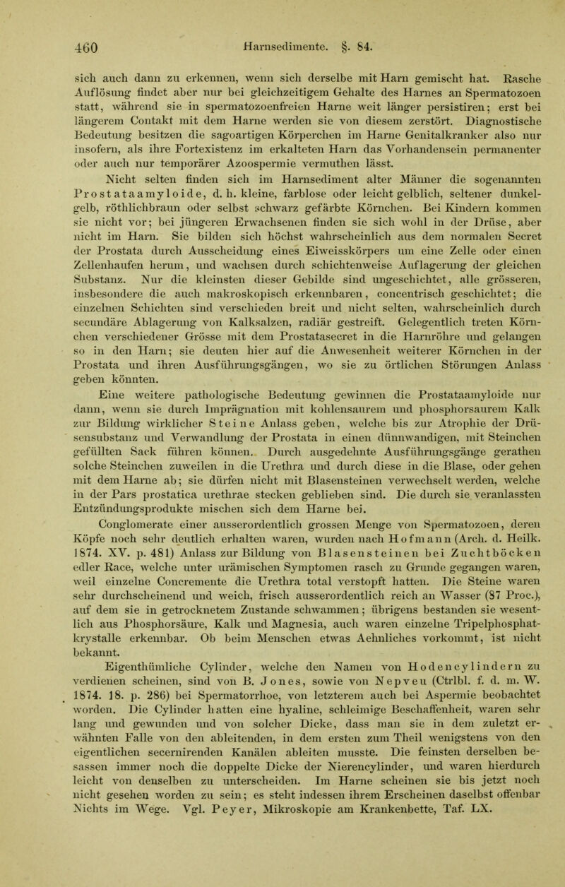 sich auch dann zu erkennen, wenn sich derselbe mit Harn gemischt hat. Rasche Auflösung findet aber nur bei gleichzeitigem Gehalte des Harnes an Spermatozoen statt, während sie in spermatozoenfreien Harne weit länger persistiren; erst bei längerem Contakt mit dem Harne werden sie von diesem zerstört. Diagnostische Bedeutung besitzen die sagoartigen Körperchen im Harne Genitalkranker also nur insofern, als ihre Fortexistenz im erkalteten Harn das Vorhandensein permanenter oder auch nur temporärer Azoospermie vermuthen lässt. Nicht selten finden sich im Harnsediment alter Männer die sogenannten Prostataamyloide, d. h. kleine, farblose oder leicht gelblich, seltener dunkel- gelb, röthlichbraun oder selbst schwarz gefärbte Körnchen. Bei Kindern kommen sie nicht vor; bei jüngeren Erwachsenen finden sie sich wohl in der Drüse, aber nicht im Harn. Sie bilden sich höchst wahrscheinlich aus dem normalen Secret der Prostata durch Ausscheidung eines Eiweisskörpers um eine Zelle oder einen Zellenhaufen herum, und wachsen durch schichtenweise Auflagerung der gleichen Substanz. Nur die kleinsten dieser Gebilde sind ungeschichtet, alle grösseren, insbesondere die auch makroskopisch erkennbaren, concentrisch geschichtet; die einzelnen Schichten sind verschieden breit und nicht selten, wahrscheinlich durch secundäre Ablagerung von Kalksalzen, radiär gestreift. Gelegentlich treten Körn- chen verschiedener Grösse mit dem Prostatasecret in die Harnröhre und gelangen so in den Harn; sie deuten hier auf die Anwesenheit weiterer Körnchen in der Prostata und ihren Ausführungsgängen, wo sie zu örtlichen Störungen Anlass geben könnten. Eine weitere pathologische Bedeutung gewinnen die Prostataamyloide nur dann, wenn sie durch Imprägnation mit kohlensaurem und phosphorsaurem Kalk zur Bildung wirklicher Steine Anlass geben, welche bis zur Atrophie der Drü- sensubstanz und Verwandlung der Prostata in einen dünnwandigen, mit Steinchen gefüllten Sack führen können. Durch ausgedehnte Ausführungsgänge gerathen solche Steinchen zuweilen in die Urethra und durch diese in die Blase, oder gehen mit dem Harne ab; sie dürfen nicht mit Blasensteinen verwechselt werden, welche in der Pars prostatica urethrae stecken geblieben sind. Die durch sie veranlassten Entzündungsprodukte mischen sich dem Harne bei. Conglomerate einer ausserordentlich grossen Menge von Spermatozoen, deren Köpfe noch sehr deutlich erhalten waren, wurden nach H o f m a n n (Arch. d. Heilk. 1874. XV. p, 481) Anlass zur Bildung von Blasensteinen bei Zuchtböcken edler Race, welche unter urämischen S3^mptomen rasch zu Grunde gegangen waren, weil einzelne Concremente die Urethra total verstopft hatten. Die Steine waren sehr durchscheinend und weich, frisch ausserordentlich reich an Wasser (87 Proc), auf dem sie in getrocknetem Zustande schwammen; übrigens bestanden sie wesent- lich aus Phosphorsäure, Kalk und Magnesia, auch waren einzelne Tripelphosphat- krystalle erkennbar. Ob beim Menschen etwas Aehnliches vorkommt, ist nicht bekannt. Eigenthümliche Cyllnder, welche den Namen von Hodencylindern zu verdienen scheinen, sind von B. Jones, sowie von N e p v e u (Ctrlbl. f. d. m. W. 1874. 18. p. 286) bei Spermatorrhoe, von letzterem auch bei Aspermie beobachtet worden. Die Cylinder hatten eine hyaline, schleimige Beschaffenheit, waren sehr lang und gewunden und von solcher Dicke, dass man sie in dem zuletzt er- wähnten Falle von den ableitenden, in dem ersten zum Theil wenigstens von den eigentlichen secernirenden Kanälen ableiten musste. Die feinsten derselben be- sassen immer noch die doppelte Dicke der Nierencylinder, und waren hierdurch leicht von denselben zu unterscheiden. Im Harne scheinen sie bis jetzt noch nicht gesehen worden zu sein; es steht indessen ihrem Erscheinen daselbst ofi'enbar Nichts im Wege. Vgl. Peyer, Mikroskopie am Krankenbette, Taf. LX.
