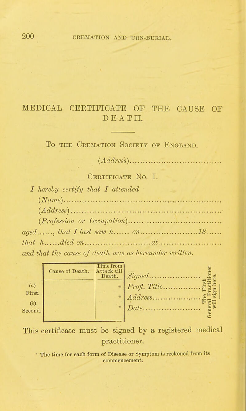 MEDICAL OEKTIFICATE OF THE CAUSE OF DEATH. To the Cremation Society op England. (Address) Certificate No. I. I hereby certify that I attended (Name) (Address) (Profession or Occupation) aged , that I last saw h on 18. that h died on at and that the cause of death was as hereunder loritten. (o) First. Second. Cause of Death. Time from Attack till Death. * * * Signed Profi, Title. Address Date CD 13 .2 »5 O This certificate must be signed by a registered medical practitioner. * The time for each form of Disease or Symptom is reckoned from its commencement.