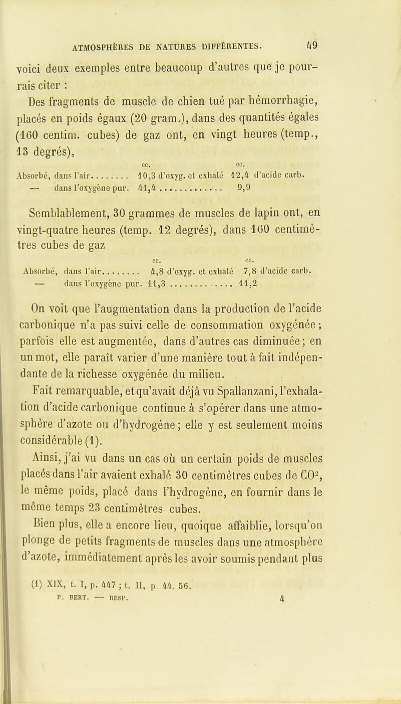 voici deux exemples entre beaucoup d'autres que je pour- rais citer : Des fragments de muscle de chien tué par hémorrhagie, placés en poids égaux (20 gram.), dans des quantités égales (160 centim. cubes) de gaz ont, en vingt heures (temp., 13 degrés), ce. ce. Absorbé, dans l'air 10,3 d'oxyg. et exhale 12,4 d'acide carb. — clans l'oxygène pur. 41,4 9,9 Semblablement, 30 grammes de muscles de lapin ont, en vingt-quatre heures (temp. 12 degrés), dans 100 centimè- tres cubes de gaz ce. ce. Absorbé, dans l'air 4,8 d'oxyg. et exhalé 7,8 d'acide carb. — dans l'oxygène pur. 11,3 11,2 On voit que l'augmentation dans la production de l'acide carbonique n'a pas suivi celle de consommation oxygénée ; parfois elle est augmentée, dans d'autres cas diminuée; en un mot, elle paraît varier d'une manière tout à fait indépen- dante de la richesse oxygénée du milieu. Fait remarquable, et qu'avait déjà vu Spallanzani, l'exhala- tion d'acide carbonique continue à s'opérer clans une atmo- sphère d'azote ou d'hydrogène; elle y est seulement moins considérable (1). Ainsi, j'ai vu dans un cas où un certain poids de muscles placés dans l'air avaient exhalé 30 centimètres cubes de CO'2, le même poids, placé dans l'hydrogène, en fournir dans le même temps 23 centimètres cubes. Bien plus, elle a encore lieu, quoique affaiblie, lorsqu'on plonge de petits fragments de muscles dans une atmosphère d'azote, immédiatement après les avoir soumis pendant plus (1) XIX, t. I, p. 447 ; t. II, p. 44. 56. P. BERT. — BB8P. Il