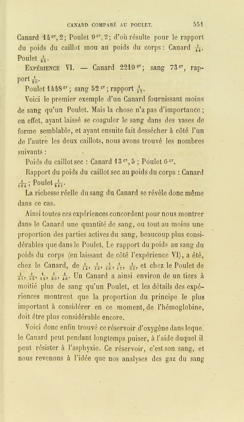 Canard 14gr, 2; Poulet 9gr,2; d'où résulte pour le rapport du poids du caillot mou au poids du corps : Canard jj, Poulet g^. Expérience VI. — Canard 2219gr; sang 73gr, rap- port^. Poulet lhh8*r ; sang 52sr ; rapport ^. Voici le premier exemple d'un Canard fournissant moins de sang qu'un Poulet. Mais la chose n'a pas d'importance ; en effet, ayant laissé se coaguler le sang dans des vases de forme semblable, et ayant ensuite fait dessécher à côté l'un de l'autre les deux caillots, nous avons trouvé les nombres suivants : Poids du caillot sec : Canard \ 3gr, 5 ; Poulet 6er. Rapport du poids du caillot sec au poids du corps : Canard àï\ Poulet^. La richesse réelle du sang du Canard se révèle donc même dans ce cas. Ainsi toutes ces expériences concordent pour nous montrer dans le Canard une quantité de sang, ou tout au moins une proportion des parties actives du sang, beaucoup plus consi- dérables que dans le Poulet. Le rapport du poids au sang du poids du corps (en laissant de côté l'expérience VI), a été, chez le Canard, de ^, jj, —, ~, et chez le Poulet de rr> À' 2*9> sô> 4i- Un Canard a ainsi environ de un tiers à moitié plus de sang qu'un Poulet, et les détails des expé- riences montrent que la proportion du principe le plus important à considérer en ce moment, de l'hémoglobine, doit être plus considérable encore. Voici donc enfin trouvé ce réservoir d'oxygène dans leque' le Canard peut pendant longtemps puiser, à l'aide duquel il peut résister à l'asphyxie. Ce réservoir, c'est son sang, et nous revenons à l'idée que nos analyses des gaz du sang