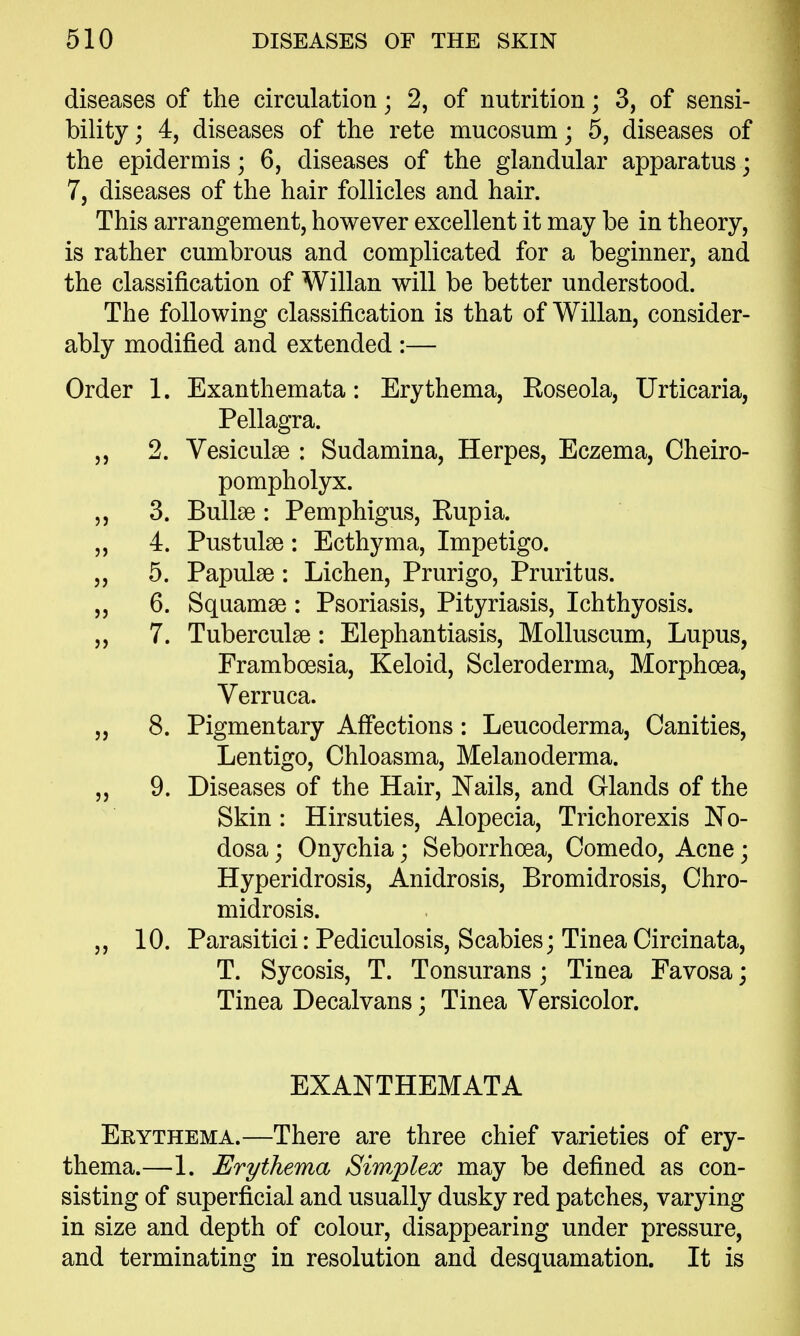 diseases of the circulation; 2, of nutrition; 3, of sensi- bility ; 4, diseases of the rete mucosum; 5, diseases of the epidermis; 6, diseases of the glandular apparatus; 7j diseases of the hair follicles and hair. This arrangement, however excellent it may be in theory, is rather cumbrous and complicated for a beginner, and the classification of Willan will be better understood. The following classification is that of Willan, consider- ably modified and extended :— Order 1. Exanthemata: Erythema, Koseola, Urticaria, Pellagra. ,, 2. Vesiculae : Sudamina, Herpes, Eczema, Cheiro- pompholyx. 3. Bullae : Pemphigus, Kupia. „ 4. Pustulse : Ecthyma, Impetigo. „ 5. Papulae: Lichen, Prurigo, Pruritus. „ 6. Squamae : Psoriasis, Pityriasis, Ichthyosis. „ 7. Tuberculae: Elephantiasis, Molluscum, Lupus, Framboesia, Keloid, Scleroderma, Morphoea, Verruca. „ 8. Pigmentary Aff*ections: Leucoderma, Canities, Lentigo, Chloasma, Melanoderma. „ 9. Diseases of the Hair, Nails, and Glands of the Skin : Hirsuties, Alopecia, Trichorexis No- dosa; Onychia; Seborrhoea, Comedo, Acne; Hyperidrosis, Anidrosis, Bromidrosis, Chro- midrosis. „ 10. Parasitici: Pediculosis, Scabies; Tinea Circinata, T. Sycosis, T. Tonsurans; Tinea Favosa; Tinea Decalvans; Tinea Versicolor. EXANTHEMATA Erythema.—There are three chief varieties of ery- thema.—L Erythema Siw.plex may be defined as con- sisting of superficial and usually dusky red patches, varying in size and depth of colour, disappearing under pressure, and terminating in resolution and desquamation. It is