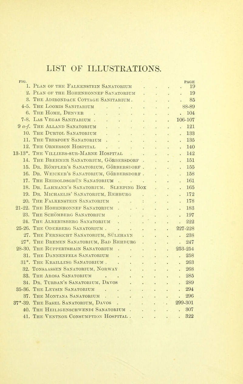 LIST OF ILLUSTRATIONS. FIG. PAGE 1. Plan of the Falkenstein Sanatorium .... 19 2. Plan of the Hohenhonnef Sanatorium .... 19 3. The Adirondack Cottage Sanitarium 85 4-5. The Loomis Sanitarium 88-89 6. The Home, Denver 104 7-8. Las Vegas Sanitarium 106-107 9«-/. The Alland Sanatorium . 121 10. The Durtol Sanatorium 133 11. The Trespoey Sanatorium 135 12. The Ormesson Hospital 140 13-13*. The Villiers-sur-Marne Hospital 142 14. The Brehmer Sanatorium, Goebersdorf .... 151 15. Dr. Eompler's Sanatorium, Goebersdorf .... 155 16. Dr. Weicker's Sanatorium, Gorbersdorf .... 158 17. The Reiboldsgrun Sanatorium 161 18. Dr. Lahmann's Sanatorium. Sleeping Box . . . 165 19. Dr. Michaelis' Sanatoeium, Rehburg .... 172 20. The Falkenstein Sanatorium 178 21-22. The Hohenhonnef Sanatorium . . • . . . . 183 23. The Schomberg Sanatorium 197 24. The Albertsberg Sanatorium . . . ^ . . . 222 25-26. The Odeebeeg Sanatoeium 227-228 27. The Feensicht Sanatorium, Sulzhayn .... 238 27*. The Bremen Sanatorium, Bad Rehburg .... 247 28-30. The Ruppeetshain Sana^toeium 253-254 31. The Dannenfels Sanatoeium 258 31*. The Krailling Sanatorium 263 32. Tonsaassen Sanatorium, Norway 268 33. The Arosa Sanatorium 285 34. Dr. Turban's Sanatorium, Davos 289 35-36. The Leysin Sanatorium 294 37. The Montana Sanatorium . . . . . . . 296 37*-39. The Basel Sanatorium, Davos 299-301 40. The Heiligenschwendi Sanatorium 307 41. The Ventnor Consumption Hospital 322