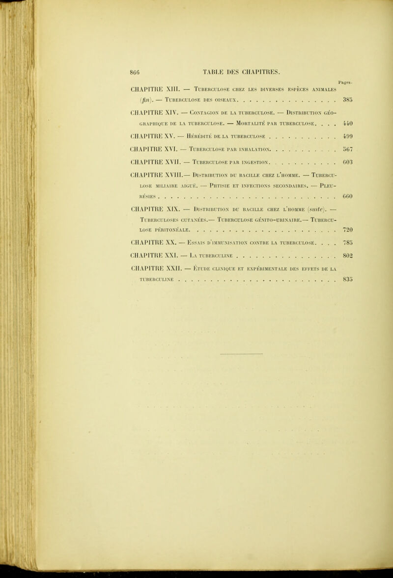 Pages. CHAPITRE XIII. — Tuberculose chez les diverses espèces animales (fin). — Tuberculose des oiseaux 38b CHAPITRE XIV. — Contagion de la tuberculose. — Distribution géo- graphique DE LA TUBERCULOSE. — MORTALITÉ PAR TUBERCULOSE. . . . 440 CHAPITRE XV. — HÉRÉDITÉ de la tuberculose 499 CHAPITRE XVI. — Tuberculose par inhalation 567 CHAPITRE XVII. — Tuberculose PAR ingestion. 603 CHAPITRE XVIII.— Distribution du bacille chez l'homme. — Tubercu- lose MILIAIRE AIGUK. — PhTISIE ET INFECTIONS SECONDAIRES. — PLEU- RÉSIES 660 CHAPITRE XIX. — Distribution du bacille chez l'homme (suite). — Tuberculoses cutanées.— Tuberculose génito-urinaire.— Tubercu- lose péritonéale 720 CHAPITRE XX, — Essais d'immunisation contre la tuberculose. . . . 785 CHAPITRE XXI. — La tuberculine 802 CHAPITRE XXII. — Etude clinique et expérimentale des eki-ets de la tuberculine 835