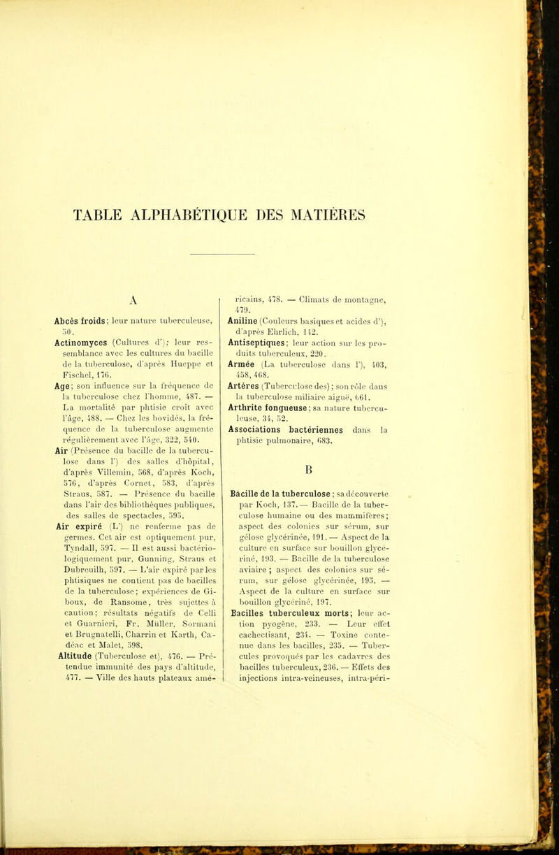 TABLE ALPHABÉTIQUE DES MATIÈRES A Abcès froids ; leur nature tuberculeuse, oO. Actinomyces (Cultures cl'); leur res- semblance avec les cultures du bacille de la tuberculose, d'après Hueppe et Fischel, 176. Age; son influence sur la fréquence de la tuberculose chez l'homme, 487. — La mortalité par phtisie croît avec l'âge, 488. — Chez les bovidés, la fré- quence de la tuberculose augmente régulièrement avec l'âge, 322, S40. Air (Présence du bacille de la tubercu- lose dans 1') des salles d'hôpital, d'après Villemin, S68, d'après Koch, 576, d'après Cornet, 583, d'après Straus, 587. — Présence du bacille dans l'air des bibliothèques puljliques, des salles de spectacles, 593. Air expiré (L') ne renferme pas de germes. Cet air est optiquement pur, Tyndall, 397. — Il est aussi bactério- logiquement pur, Gunning, Straus et Dubreuilh, 597. —■ L'air expiré parles phtisiques ne contient pas de bacilles de la tuberculose; expériences de Gi- boux, de Ransome, très sujettes à caution ; résultats négatifs de Celli et Guarnieri, Fr. Millier, Sormani et Brugnatelli, Charrin et Kurth, Ca- dénc et Malet, 598. Altitude (Tuberculose et), 476. — Pré- tenilue immunité des pays d'altitude, 477. — Ville des hauts plateaux amé- ricains, 478. — Climats de montagne, 479. Aniline (Couleurs basiques et acides d'), d'après Ehrlieh, 142. Antiseptiques ; leur action sur les pro- duits tufierculeux, 220. Armée (La tuberculose dans 1'), 403, 458, 468. Artères (Tuberculose des) ; son rôle dans lu tuberculose miliaire aiguë, 661. Arthrite fongueuse ; sa nature tubercu- leuse, 3i, 52. Associations bactériennes dans la phtisie pulmonaire, 683. B Bâcille de la tuberculose ; sadccouvcrte par Koch, 137.— Bacille de la tuber- culose humaine ou des mammifères; aspect des colonies sur sérum, sur gélose glycérinée, ■191.— Aspect de la culture en surface sur bouillon glycé- riné, 193. — Bacille de la tuberculose aviaire ; aspect des colonies sur sé- rum, sur gélose glycérinée, 195. — Aspect de la culture en surface sur bouillon glycériné, 197. Bacilles tuberculeux morts; leur ac- tion pyogène, 233. — Leur effet cachectisant, 234. — Toxine conte- nue dans les bacilles, 235. — Tuber- cules provoqués par les cadavres des bacilles tuberculeux, 236. — Effets des injections intra-veineuses, intra-péri-