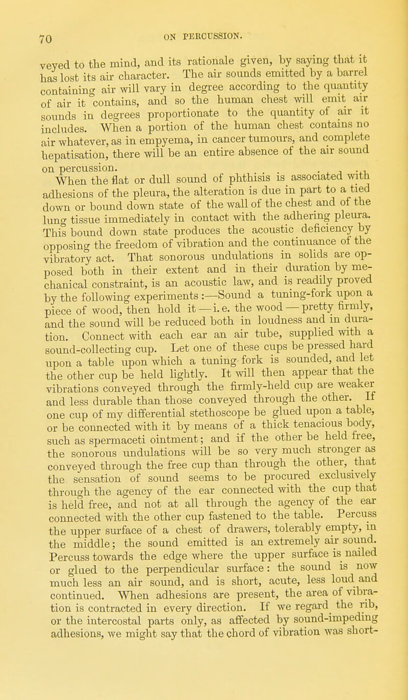 veyed to the mind, and its rationale given, by saying that it has lost its air character. The air sounds emitted by a barrel containing air will vary in degree according to tbe quantity of air it contains, and so the human chest will emit air sounds in degrees proportionate to the quantity of air it includes. When a portion of the human chest contains no air whatever, as in empyema, in cancer tumours, and complete hepatisation, there will be an entire absence of the air sound on percussion. . , , When the flat or dull sound of phthisis is associated with adhesions of the pleura, the alteration is due in part to a tied down or bound down state of the wall of the chest and of the lung tissue immediately in contact with the adhering pleura. This bound down state produces the acoustic deficiency by opposing the freedom of vibration and the continuance of the vibratory act. That sonorous undulations in solids are op- posed both in their extent and in their duration by me- chanical constraint, is an acoustic law, and is readily proved by the following experiments :—Sound a tuning-fork upon a piece of wood, then hold it— i.e. the wood —pretty firmly, and the sound will be reduced both in loudness and m dura- tion. Connect with each ear an air tube, supplied with a, sound-collecting cup. Let one of these cups be pressed hard upon a table upon which a tuning- fork is sounded, and let the other cup be held lightly. It will then appear that the vibrations conveyed through the firmly-held cup are weaker and less durable than those conveyed through the other. 11 one cup of my differential stethoscope be glued upon a table, or be connected with it by means of a thick tenacious body, such as spermaceti ointment; and if the other be held free, the sonorous undulations will be so very much stronger as conveyed through the free cup than through the other, that the sensation of sound seems to be procured exclusively through the agency of the ear connected with the cup that is held free, and not at all through the agency of the ear connected with the other cup fastened to the table. Percuss the upper surface of a chest of drawers, tolerably empty, in the middle; the sound emitted is an extremely air sound. Percuss towards the edge where the upper surface is nailed or glued to the perpendicular surface: the sound is now much less an air sound, and is short, acute, less loud and continued. When adhesions are present, the area of vibra- tion is contracted in every direction. If we regard^ the rib, or the intercostal parts only, as affected by sound-impeding adhesions, we might say that the chord of vibration was short-