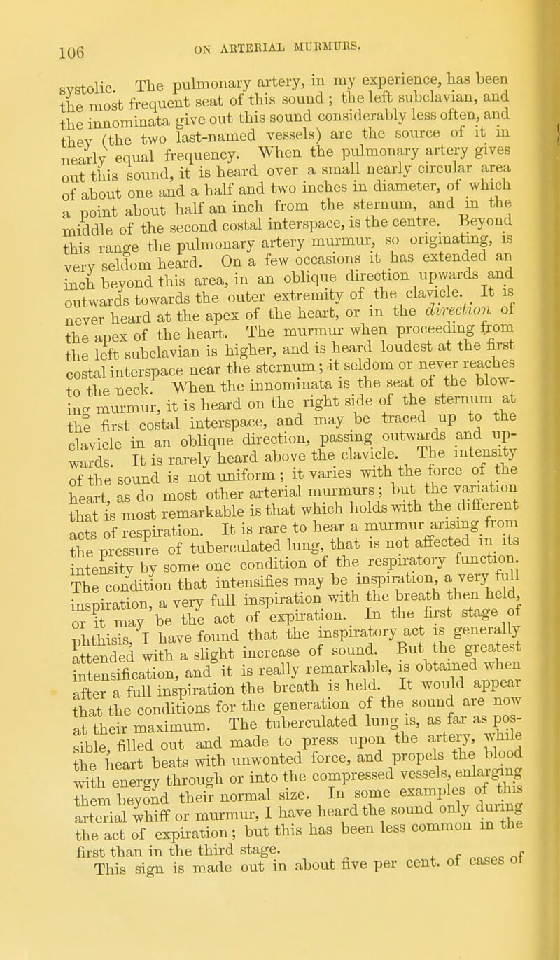 1Qg ON ARTERIAL MUKMUKS. svstolic The pulmonary artery, in my experience, has been the most frequent seat of this sound ; the left subclavian, and the innominate give out this sound considerably less often, and thev (the two last-named vessels) are the source of it m nearly equal frequency. When the pulmonary artery gives out this sound, it is heard over a small nearly circular area of about one and a half and two inches in diameter, of which a point about half an inch from the sternum, and m the middle of the second costal interspace, is the centre. Beyond this range the pulmonary artery murmur, so originating, is very seldom heard. On a few occasions it has extended an inch beyond this area, in an oblique direction upwards and outwards towards the outer extremity of the clavicle. It is never heard at the apex of the heart, or m the dweetwn of the apex of the heart. The murmur when proceeding from the left subclavian is higher, and is heard loudest at the first costal interspace near the sternum; it se dom or never reaches to the neck When the innominate is the seat of the blow- in? murmur, it is heard on the right side of the sternum at the first costal interspace, and may be traced up to the rlnvicle in an oblique direction, passing outwards and up- W S is rarelyVrd above the clavicle The mtensrty the sound is not uniform; it varies with the force of the Wt as do most other arterial murmurs ; but the variation S is most Smarkable is that which holds with the different acts of respiration. It is rare to hear a murmur arismg from the pressure of tubercvdated lung, that is not affected in rts ntensity by some one condition of the respiratory function The condition that intensifies may be inspiration a very lull inspiration a very full inspiration with the breath then held, orTmay be the act of expiration. In the first stage of nhthisis I have found that the inspiratory act is generally attended with a slight increase of sound. But the greatest intensmcation, and it is really remarkable, is obtained when after a full inspiration the breath s held It would appear that the conditions for the generation of the_ sound are now at their maximum. The tuberculated lung is, as far as no- lle, filled out and made to press upon the artery, while the heart beats with unwonted force, and propels the blood vSth en rgy through or into the compressed vessels enlarging them beyond their normal size. In some examples of this arterialThiff or murmur, I have heard the sound only during the act of expiration; but this has been less common in the first than in the third stage. f This sign is made out in about five per cent, of cases ot