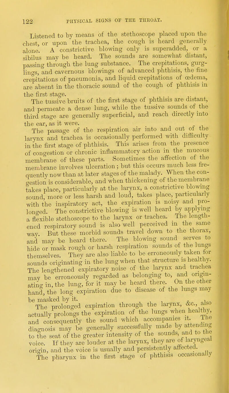 Listened to by means of the stethoscope placed upon the chest, or upon the trachea, the cough is heard generally alone'. A constrictive blowing only is superadded, _ or a sibilus may be heard. The sounds are somewhat distant, passing through the lung substance. The crepitations, gurg- lings, and cavernous blowings of advanced phthisis, the fine crepitations of pneumonia, and liquid crepitations of oedema, are absent in the thoracic sound of the cough of phthisis in the first stage. The tussive bruits of the first stage of phthisis are distant, and permeate a dense lung, while the tussive sounds of the third stage are generally superficial, and reach directly into the ear, as it were. The passage of the respiration air into and out of the larynx and trachea is occasionally performed with difficulty in the first stage of phthisis. This arises from the presence of congestion or chronic inflammatory action in the mucous membrane of these parts. Sometimes the affection of the membrane involves ulceration; but this occurs much less fre- quently now than at later stages of the malady. When the con- gestion is considerable, and when thickening of the membrane takes place, particularly at the larynx, a constrictive blowing sound, more or less harsh and loud, takes place, particularly with the inspiratory act, the expiration is noisy and pro- longed. The constrictive blowing is well heard by applying a flexible stethoscope to the larynx or trachea. The length- ened respiratory sound is also well perceived m the same way But these morbid sounds travel down to the thorax, and may be heard there. The blowing sound serves to hide or mask rough or harsh respiration sounds of the lungs themselves. They are also liable to be erroneously taken for sounds originating in the lung when that structure is healthy. The lengthened expiratory noise of the larynx and trachea may be erroneously regarded as belonging to, and origin- ating in, the lung, for it may be heard there. On the other hand, the long expiration due to disease of the lungs may be masked by it. „ , The prolonged expiration through the larynx, &c., also actually prolongs the expiration of the lungs when healthy and consequently the sound which accompanies it. Hie diagnosis may be generally successfully made by attending to the seat of the greater intensity of the sounds, and to the voice. If they are louder at the larynx, they are of laryngeal origin, and the voice is usually and persistently atiectecl. The pharynx in the first stage of phthisis occasionally