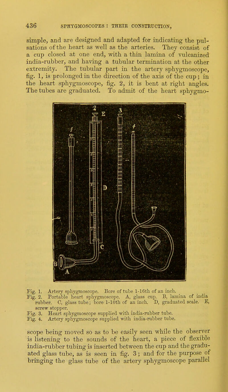 simple, and are designed and adapted for indicating the pul- sations of the heart as well as the arteries. They consist of a cup closed at one end, with a thin lamina of vulcanized india-rubber, and having a tubular termination at the other extremity. The tubular part in the artery sphygmoscope, fig. 1, is prolonged in the direction of the axis of the cup; in the heart sphygmoscope, fig. 2, it is bent at right angles. The tubes are graduated. To admit of the heart sphygmo- Fig. 1. Artery sphygmoscope. Bore of tube l-16th of an inch. Fig. 2. Portable heart sphygmoscope. A, glass cup. B, lamina of india rubber. C, glass tube; bore l-10th of an inch. D, graduated scale. E, screw stopper. Fig. 3. Heart sphygmoscope supplied with india-rubber tube. Fig. 4. Artery sphygmoscope supplied with india-rubber tube. scope being moved so as to be easily seen while the observer is listening to the sounds of the heart, a piece of flexible india-rubber tubing is inserted between the cup and the gradu- ated glass tube, as is seen in fig. 3; and for the purpose of bringing the glass tube of the artery sphygmoscope parallel