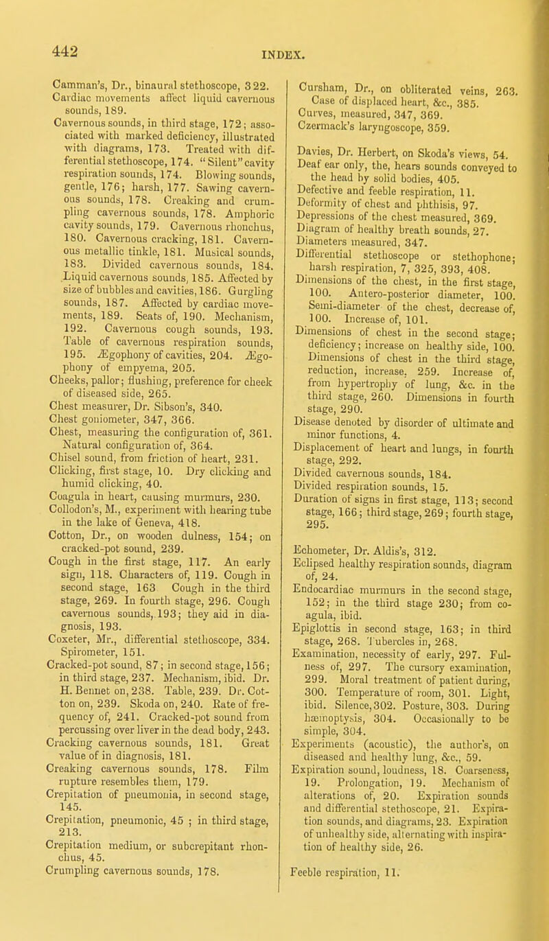 Camman's, Dr., binaural stethoscope, 3 22. Cardiac movements afl'ect liquid cavernous sounds, 189. Cavernous sounds, in third stage, 172; asso- ciated with marked deficiency, illustrated with diagrams, 173. Treated with dif- ferential stethoscope, 174. Silentcavity respiration sounds, 174. Blowing sounds, gentle, 176; harsh, 177. Sawing cavern- ous sounds, 178. Creaking and crum- pling cavernous sounds, 178. Amphoric cavity sounds, 179. Cavernous rhonchus, 180. Cavernous cracking, 181. Cavern- ous metallic tinkle, 181. Musical sounds, 183. Divided cavernous sounds, 184. Liquid cavernous sounds, 185. Affected by size of bubbles and cavities, 186. Gurgling sounds, 187. Affected by cardiac move- ments, 189. Seats of, 190. Mechanism, 192. Cavernous cough sounds, 193. Table of cavernous respiration sounds, 195. iEgophonyof cavities, 204. iEgo- phony of empyema, 205. Cheeks, pallor; flushing, preference for cheek of diseased side, 265. Chest measurer, Dr. Sibson's, 340. Chest goniometer, 347, 366. Chest, measuring the configuration of, 361. Natural configuration of, 364. Chisel sound, from friction of heart, 231. Clicking, first stage, 10. Dry clicking and humid clicking, 40. Coagula in heart, causing murmurs, 230. Collodon's, M., experiment with hearing tube in the lake of Geneva, 418. Cotton, Dr., on wooden dulness, 154; on cracked-pot sound, 239. Cough in the first stage, 117. An early sign, 118. Characters of, 119. Cough in second stage, 163 Cough in the third stage, 269. In fourth stage, 296. Cough cavernous sounds, 193; they aid in dia- gnosis, 193. Coxeter, Mr., differential stethoscope, 334. Spirometer, 151. Cracked-pot sound, 87; in second stage, 156; in third stage, 237. Mechanism, ibid. Dr. H. Beimet on, 238. Table, 239. Dr. Cot- ton on, 239. Skoda on, 240. Kate of fre- quency of, 241. Cracked-pot sound from percussing over liver in the dead body, 243. Cracking cavernous sounds, 181. Great value of in diagnosis, 181. Creaking cavernous sounds, 178. Film rupture resembles them, 179. Crepitation of pneumonia, in second stage, 145. Crepitation, pneumonic, 45 ; in third stage, 213. Crepitation medium, or subcrepitant rhon- chus, 45. Crumpling cavernous sounds, 178. Cursham, Dr., on obliterated veins, 263. Case of displaced heart, &c, 385. Curves, measured, 347, 369. Czermack's laryngoscope, 359. Davies, Dr. Herbert, on Skoda's views, 54. Deaf ear only, the, hears sounds conveyed to the head by solid bodies, 405. Defective and feeble respiration, 11. Deformity of chest and phthisis, 97. Depressions of the chest measured, 369. Diagram of healthy breath sounds, 27. Diameters measured, 347. Differential stethoscope or stethophone; harsh respiration, 7, 325, 393, 408. Dimensions of the chest, in the first stage, 100. Antero-posterior diameter, 100. Semi-diameter of the chest, decrease of, 100. Increase of, 101. Dimensions of chest in the second stage; deficiency; increase on healthy side, 100. Dimensions of chest in the third stage, reduction, increase, 259. Increase of, from hypertrophy of lung, &c. in the third stage, 260. Dimensions in fourth stage, 290. Disease denoted by disorder of ultimate and minor functions, 4. Displacement of heart and lungs, in fourth stage, 292. Divided cavernous sounds, 184. Divided respiration sounds, 15. Duration of signs in first stage, 113; second stage, 166; third stage, 269; fourth stage, 295. Echometer, Dr. Aldis's, 312. Eclipsed healthy respiration sounds, diagram of, 24. Endocardiac murmurs in the second stage, 152; in the third stage 230; from co- agula, ibid. Epiglottis in second stage, 163; in third stage, 268. Tubercles in, 268. Examination, necessity of early, 297. Ful- ness of, 297. The cursory examination, 299. Moral treatment of patient during, 300. Temperature of room, 301. Light, ibid. Silence, 302. Posture, 303. During haemoptysis, 304. Occasionally to be simple, 304. Experiments (acoustic), the author's, on diseased and healthy lung, &c, 59. Expiration sound, loudness, 18. Coarseness, 19. Prolongation, 19. Mechanism of alterations of, 20. Expiration sounds and differential stethoscope, 21. Expira- tion sounds, and diagrams, 23. Expiration of unhealthy side, alternating with inspira- tion of healthy side, 26. Feeble respiration, 11.