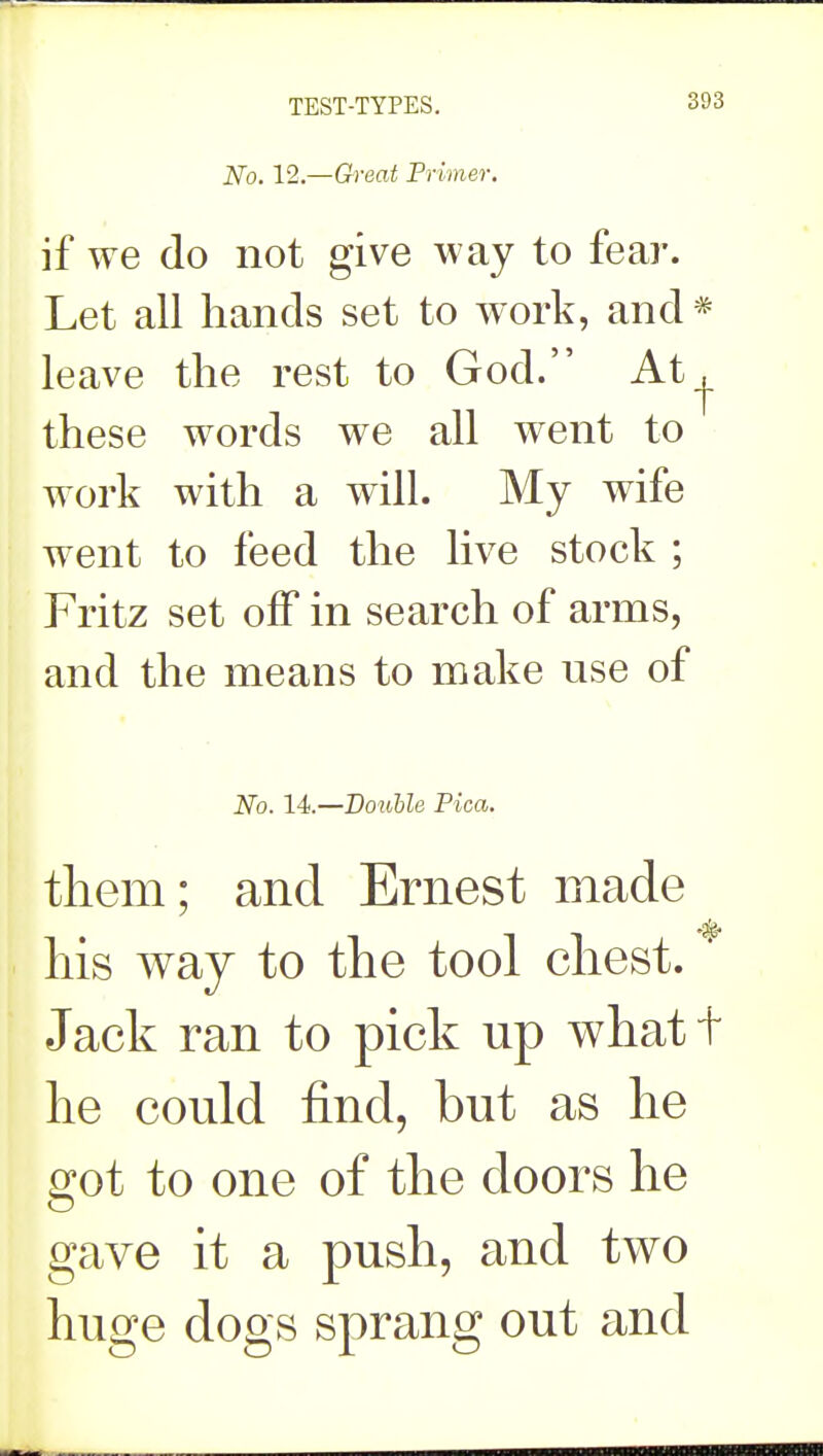 No. 12.—Great Primer. 393 if we do not give way to fear. Let all hands set to work, and * leave the rest to God. At^ these words we all went to work with a will. My wife went to feed the live stock ; Fritz set off in search of arms, and the means to make use of No. 14—Double Pica. them; and Ernest made his way to the tool chest. ' Jack ran to pick up whatt he could find, but as he got to one of the doors he gave it a push, and two huge dogs sprang out and