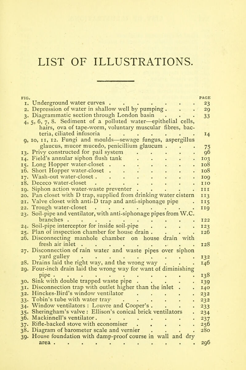 LIST OF ILLUSTRATIONS. FIG. PAGE 1. Underground water curves 23 2. Depression of water in shallow well by pumping ... 29 3. Diagrammatic section through London basin 33 4. 5, 6, 7, 8. Sediment of a polluted water—epithelial cells, hairs, ova of tape-worm, voluntary muscular fibres, bac- teria, ciliated infusoria ....... 14 9, 10, 11, 12. Fungi and moulds—sewage fungus, aspergillus glaucus, mucor mucedo, penicillium glaucum 75 13. Privy constructed for pail system . . ... 96 14. Field's annular siphon flush tank ..... 103 15. Long Hopper water-closet ....... 108 16. Short Hopper water-closet ....... 108 17. Wash-out water-closet ........ 109 18. Dececo water-closet . . . . . . . .110 19. Siphon action water-waste preventer . . . . .111 20. Pan closet with D trap, supplied from drinking water cistern 113 21. Valve closet with anti-D trap and anti-siphonage pipe . 115 22. Trough water-closet . . . . . . . . ng 23. Soil-pipe and ventilator, with anti-siphonage pipes from W.C. branches .......... 122 24. Soil-pipe interceptor for inside soil-pipe .... 123 25. Plan of inspection chamber for house drain .... 126 26. Disconnecting manhole chamber on house drain with fresh air inlet 128 27. Disconnection of rain water and waste pipes over siphon yard gulley ......... 132 28. Drains laid the right way, and the wrong way . . . 146 29. Four-inch drain laid the wrong way for want of diminishing pipe 138 30. Sink with double trapped waste pipe ..... 139 31. Disconnection trap with outlet higher than the inlet . . 140 32. Hinckes-Bird's window ventilator ..... 232 33. Tobin's tube with water tray ...... 232 34. Window ventilators : Louvre and Cooper's .... 233 35. Sheringham's valve : Ellison's conical brick ventilators . 234 36. Mackinnell's ventilator. ....... 237 37. Rifle-backed stove with economiser ..... 256 38. Diagram of barometer scale and vernier .... 280 39. House foundation with damp-proof course in wall and dry area 2g6