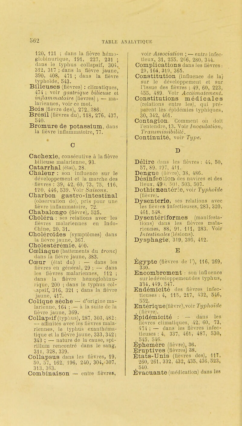 120, 121 ; dans la fièvre hémo- glubiiiurique, 191, 227, 231 ; dans le typhus coUapsif, 304, 312, 317 ; dans la fièvre jaune,' 390, 408, 471 ; dans la fièvre typhoïde, 543. Bilieuses (fièvres) : climatiques, 474 ; voir gastrique bilieuse et inflammatoire (lièvres) ; — ma- lariennes, voir ce mot. Bois (fièvre des), 272, 286. Brésil (fièvres du), 118, 276, 437, 540. Bromure de potassium, dans la lièvre inflammatoire, 77. O Cachexie, consécutive à la fièvre bilieuse malarienne, 93. Oatarrhal (état), 28. Clialeur : son influence sur le développement et la marche des fièvres : 39, 42, 60, 73, 75, 116, l'20, 446, 539. Voir Saisons. Charbon gastro-intestinal (observation de), pris pour une lièvre inflammatoire, 72. Chabalongo (fièvre), 525. Choléra : ses relations avec les fièvres malariennes en Indo- Chine, 20, 31. Choléroïdes (symptômes) dans la fièvre jaune, 367. Cholestérémie, 400. Cœliaque (battements du tronc) dans la fièvre jaune, 383. Cœur (élat du) : — dans les lièvres en général, 29 ; — dans les fièvres malariennes, 112 ; dans la fièvre hémoglobinu- rique, 200 ; dans le typhus col- ■tapsif, 316, 321 ; dans la fièvre jaune, 417. Colique sèche — d'origine ma- larienne, 164 ; — à la suite do la fièvre jaune, 369. Collapsif (typlius), 287, 303, 482 ; — alUnités avec les fièvres mala- riennes, le lyphus exanthéma- tique et la fièvre jaune, 333,342; 343 ; — nature de la cause, spi- rillum rencontré dans le sang, 311, 328, 339. Collapsus dans les lièvres, 19, 50, 57, 162, 196, 240, 304, 307, 313, 303. Combinaison — entre fièvres. voir Association ; — entre infec- tieux, 31, 255, 206, 280, 344. Complications dans les fièvres : 29,164, 319, 365. Constitution (influence de la) sur le développement et sur l'issue des fièvres ; 49, 60, 223, 455, 489. Voir Acctimalemcnt. Constitutions médicales (relations entre les), qui pré- parent les épidémies lyphioue.s, 30, 342, 461. Contagion. Comment on doit l'entendre, 13. Voir Inoculation, Transmissibililé. Continuité, voir Type. D Délire dnus les fièvres : 44, 50, 57, 89. 197, 411. Dengue (lièvre), 38, 486. Désinfection des navires et des lieux, 49 flijl, 503, 507. Dothiénentérie, voir Typhoïde (fièvre). Dysenterie, ses relations avec les fièvres infectieuses, 283, 320, 461, 548. Dysentériformes (manifesta- tions) dans les fièvres mala- rionnes, 88, 91, 111, 283. Voir Intestinales (lésions). Dysphagie, 319, 395, 412. E Egypte (fièvres de 1'), 116, 269, 330. Encombrement : son influence sur le développement des typhus, 334_, 449, 547. Endémicité des fièvres infec- tieuses : 4, un, 217, 432, 546, 552. Entérique(fièvre),voir Typhoïde , (flùvrej. Epidémicité : — dans les lièvres climatiques, 42, 60, 73, 474 ; — dans les fièvres infec- tieuses : 4, 337, 461, 487, 530, , 545, 546. Ephémère (fièvre). 3(5. :Çlruptives (fièvres) 38. Etats-Unis (fièvres des), 117, 260, 261, 332, 432, 435, 436, 523, ,540. Evacuante (médicalion) dans les