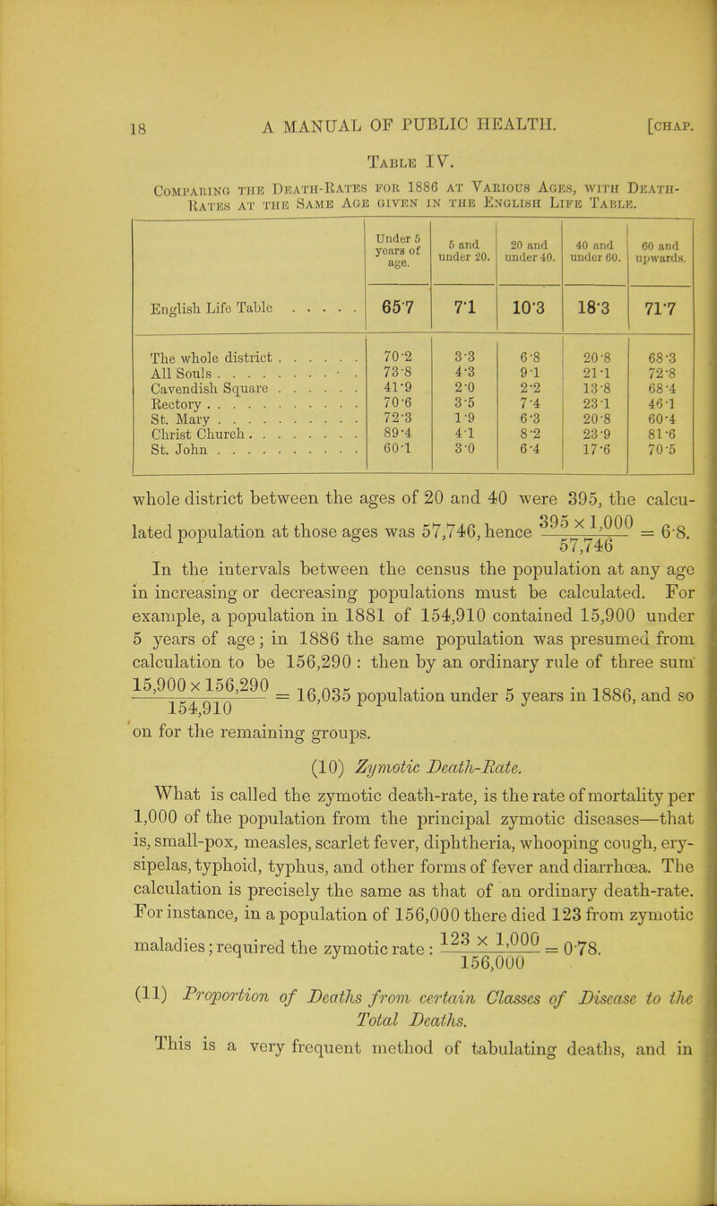 Table IV. Comparing the Death-Rates for 1886 at Various Ages, with Death- Rates at the Same Age given in the English Life Table. English Life Table Under 5 years of age. 5 and under 20. 20 and under 40. 40 and under 60. 60 and upwards. 657 71 10-3 183 717 The whole district 70-2 3-3 6-8 20-8 68-3 All Souls • . 73-8 4-3 91 21*1 72-8 Cavendish Square 41-9 2-0 2-2 13 8 68-4 70-6 3-5 7-4 23 1 46-1 St. Mary 72-3 19 6-3 20-8 60-4 Christ Church 89-4 41 8-2 23-9 81-6 St. John . . 60-1 3-0 6-4 17-6 70-5 whole district between the ages of 20 and 40 were 395, the calcu- lated population at those ages was 57,746, hence 95 x 1,000 _ g.g^ 1 1 57,746 In the intervals between the census the population at any age in increasing or decreasing populations must be calculated. For example, a population in 1881 of 154,910 contained 15,900 under 5 years of age; in 1886 the same population was presumed from calculation to be 156,290 : then by an ordinary rule of three sum ^'^KAmn'^^ = 16,035 population under 5 years in 1886, and so JL Otc, o J_ 0 on for the remaining groups. (10) Zymotic Death-Hate. What is called the zymotic death-rate, is the rate of mortality per 1,000 of the population from the principal zymotic diseases—that is, small-pox, measles, scarlet fever, diphtheria, whooping cough, ery- sipelas, typhoid, typhus, and other forms of fever and diarrhoea. The calculation is precisely the same as that of an ordinary death-rate. For instance, in a population of 156,000 there died 123 from zymotic maladies; required the zymotic rate : 123 x 1»000 = q 78. J 156,000 (11) Proportion of Deaths from certain Classes of Disease to the Total Deaths. This is a very frequent method of tabulating deaths, and in