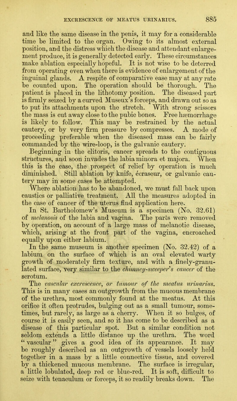 and like the same disease in the penis, it may for a considerahle time be limited to the organ. Owing to its almost external position, and the distress which the disease and attendant enlarge- ment produce, it is generally detected early. These circumstances make ablation especially hopeful. It is not wise to be deterred from operating even when there is evidence of enlargement of the inguinal glands. A respite of comparative ease may at any rate be counted upon. The operation should be thorough. The patient is placed in the lithotomy position. The diseased part is firmly seized by a curved Museux's forceps, and drawn out so as to put its attachments upon the stretch. With strong scissors the mass is cut away close to the pubic bones. Free haemorrhage is likely to follow. This may be restrained by the actual cautery, or by very firm pressure by compresses. A mode of proceeding preferable when the diseased mass can be fairly commanded by the wire-loop, is the galvanic cautery. Beginning in the clitoris, cancer spreads to the contiguous structures, and soon invades the labia minora et majora. When this is the case, the prospect of relief by operation is much diminished. Still ablation by knife, ecraseur, or galvanic cau- tery may in some cases be attempted. Where ablation has to be abandoned, we must fall back upon caustics or palliative treatment. All the measures adopted in the case of cancer of the uterus find application here. In St. Bartholomew's Museum is a specimen (No. 32.61) of melanosis of the labia and vagina. The parts were removed by operation, on account of a large mass of melanotic disease, which, arising at the front part of the vagina, encroached equally upon either labium. In the same museum is another specimen (No. 32.42) of a labium on the surface of which is an oval elevated warty growth of moderately firm texture, and with a finely-granu- lated surface, very similar to the chimney-sweeper's cancer of the scrotum. The vascular excrescence, or tumour of the meatus urinarius. This is in many cases an outgrowth from the mucous membrane of the urethra, most commonly found at the meatus. At this orifice it often protrudes, bulging out as a small tumour, some- times, but rarely, as large as a cherry. When it so bulges, of course it is easily seen, and so it has come to be described as a disease of this particular spot. But a similar condition not seldom extends a little distance up the urethra. The word  vascular gives a good idea of its appearance. It may be roughly described as an outgrowth of vessels loosely held together in a mass by a little connective tissue, and covered by a thickened mucous membrane. The surface is irregular, a little lobulated, deep red or blue-red. It is soft, difficult to seize with tenaculum or forceps, it so readily breaks down. The