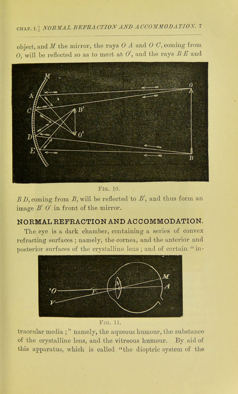 object, and M the mirror, the rays 0 A and 0 C, coming from 0, -will be reflected so as to meet at 0', and the rays B E and Fig. 10. B Z>, coming from B, will be reflected to B\ and thus form an image B' 0' in front of the mirror. NORMAL REFRACTION AND ACCOMMODATION. The eye is a dark chamber, containing a series of convex refracting surfaces ; namely, the cornea, and the anterior and posterior surfaces of the crystalline lens ; and of certain  in- FiG. 11. traocular media ; namely, the aqueous humour, the substance of the crystalline lens, and the vitreous humour. By aid of this apparatus, which is called the dioptric system of the