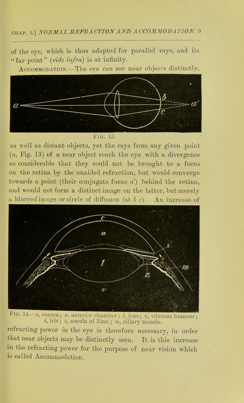 of the eye, which is thus adapted for parallel rays, and its  far point {vide infra) is at infinity. Accommodation.—The eye can see near objecfs distinctly, Fig. 13. as well as distant objects, yet the rays from any given point («, Fig. 13) of a near object reach the eye with a divergence so considerable that they could not be brought to a focus on the retina by the unaided refraction, but would converge towards a point (their conjugate focus a') behind the retina, and would not form a distinct image on the latter, but merely a blurred image or circle of diffusion (at h c). An increase of Fig. 14.—cornea; a, anterior chamber; Z, lens; v, vitreous humour; i, iris ; z, zonula of Zinn ; m, ciliary muscle. refracting power in the eye is therefore necessary, in order that near objects may be distinctly seen. It is this increase in the refracting power for the purpose of near vision which is called Accommodation.