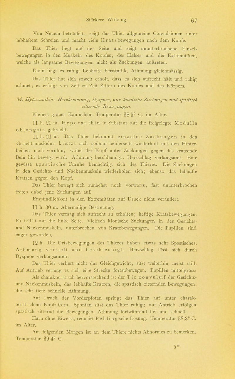 Von Neuem beträufelt, zeigt das Thier allgemeine Convulsionen unter lebhaftem Schreien und macht viele Kratzbewegungen nach dem Kopfe. Das Thier liegt auf der Seite und zeigt ununterbrochene Einzel- bewegungen in den Muskeln des Kopfes, des Halses und der Extremitäten, welche als langsame Bewegungen, nicht als Zuckungen, auftreten. Dann liegt es ruhig. Lebhafte Peristaltik. Athmung gleichmässig. Das Thier hat sich soweit erholt, dass es sich aufrecht hält und ruhig athmet; es erfolgt von Zeit zu Zeit Zittern des Kopfes und des Körpers. 34. Hypoxanthin. Herzhemmung, Dyspnoe, nur klonische Zuckungen und spastisch zitternde Bewegungen. Kleines graues Kaninchen. Temperatur 38,5° C. im After. 11 h. 20 m. Hypoxanthin in Substanz auf die freigelegte Medulla oblongata gebracht. 11 h. 21 m. Das Thier bekommt einzelne Zuckungen in den Gesichtsmuskeln, kratzt sich sodann beiderseits wiederholt mit den Hinter- beinen nach vornhin, wobei der Kopf unter Zuckungen gegen das kratzende Bein hin bewegt wird. Athmung beschleunigt, Herzschlag verlangsamt. Eine gewisse spastische Unruhe bemächtigt sich des Thieres. Die Zuckungen in den Gesichts- und Nackenmuskeln wiederholen sich; ebenso das lebhafte Kratzen gegen den Kopf. Das Thier bewegt sich zunächst noch vorwärts, fast ununterbrochen treten dabei jene Zuckungen auf. Empfindlichkeit in den Extremitäten auf Druck nicht verändert. 11 h. 30 m. Abermalige Bestreuung. Das Thier vermag sich aufrecht zu erhalten; heftige Kratzbewegungen. Es fällt auf die linke Seite. Vielfach klonische Zuckungen in den Gesichts- und Nackenmuskeln, unterbrochen von Kratzbewegungen. Die Pupillen sind enger geworden. 12 h. Die Ortsbewegungen des Thieres haben etwas sehr Spastisches. Athmung vertieft und beschleunigt. Herzschlag lässt sich durch Dyspnoe verlangsamen. Das Thier verliert nicht das Gleichgewicht, sitzt weiterhin meist still. Auf Antrieb vermag es sich eine Strecke fortzubewegen. Pupillen mittelgross. Als charakteristisch hervorstechend ist der Tic convulsif der Gesichts- und Nackenmuskeln, das lebhafte Kratzen, die spastisch zitternden Bewegungen, die sehr tiefe schnelle Athmung. Auf Druck der Vorderpfoten springt das Thier auf unter charak- teristischem Kopfzittern. Spontan sitzt das Thier ruhig; auf Antrieb erfolgen spastisch zitternd dift Bewegungen. Athmung fortwährend tief und schnell. Harn ohne Eiweiss, reducirt Fehling'sche Lösung. Temperatur 38,2° C. im After. Am folgenden Morgen ist an dem Thiere nichts Abnormes zu bemerken. Temperatur 39,4° C. 5*