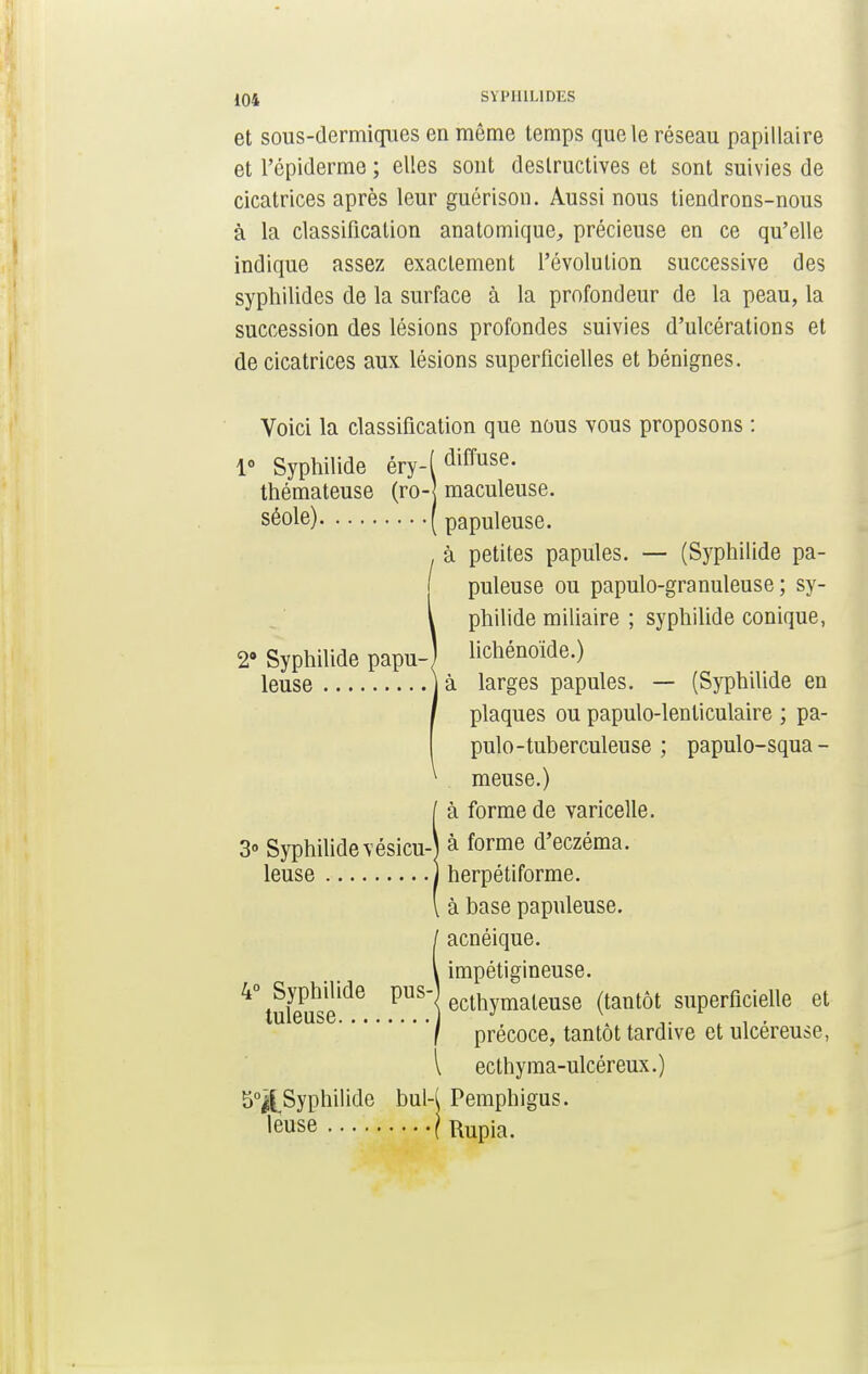 I et sous-dermiques en môme temps que le réseau papillaire et l'épiderme ; elles sont destructives et sont suivies de cicatrices après leur guérison. Aussi nous tiendrons-nous à la classification anatomique, précieuse en ce qu'elle indique assez exactement l'évolution successive des syphilides de la surface à la profondeur de la peau, la succession des lésions profondes suivies d'ulcérations et de cicatrices aux lésions superficielles et bénignes. Voici la classification que nous vous proposons : 1° Syphilide éry-( diffuse- thémateuse (ro-J maculeuse. séole) ( papuleuse. à petites papules. — (Syphilide pa- puleuse ou papulo-granuleuse ; sy- philide miliaire ; syphilide conique, 2° Syphilide papu-) lichénoïde.) leuse jà larges papules. — (Syphilide en plaques ou papulo-lenliculaire ; pa- pulo-tuberculeuse ; papulo-squa- meuse.) à forme de varicelle. 3° Syphilidevésicu-| à forme d'eczéma. leuse ) herpétiforme. à base papuleuse. acnéique. impétigineuse. ^ufeïse^6 PUS1 ecthymaleuse (tantôt superficielle et / précoce, tantôt tardive et ulcéreuse, l ecthyma-ulcéreux.) S^Syphilide bul-( Pemphigus. leuse \ Rupia.