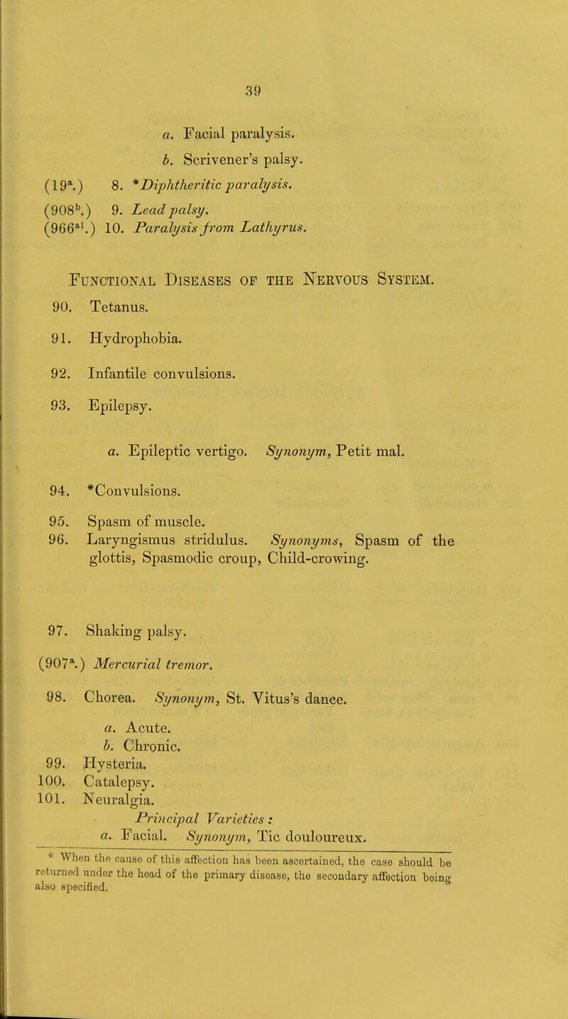 a. Facial paralysis. h. Scrivener's palsy. (19*.) 8. * Diphtheritic paralysis. (908^) 9. Lead palsy. (966*'.) 10. Paralysis Jrom Lathyrus. Functional Diseases of the Nervous System. 90. Tetanus. 91. Hydrophobia. 92. Infantile convulsions. 93. Epilepsy. a. Epileptic vertigo. Synonym, Petit mal. 94. * Convulsions. 95. Spasm of muscle. 96. Laryngismus stridulus. Synonyms, Spasm of the glottis. Spasmodic croup, Child-crowing. 97. Shaking palsy. (907*.) Mercurial tremor. 98. Chorea. Synonym, St. Vitus's dance. a. Acute. b. Chronic. 99. Hysteria. 100. Catalepsy. 101. Neuralgia. Principal Varieties : a. Facial. Synonym, Tic douloureux. * When the cause of this affection has been ascertained, the case should be returned under the head of the primary disease, the secondary affection being also specified.