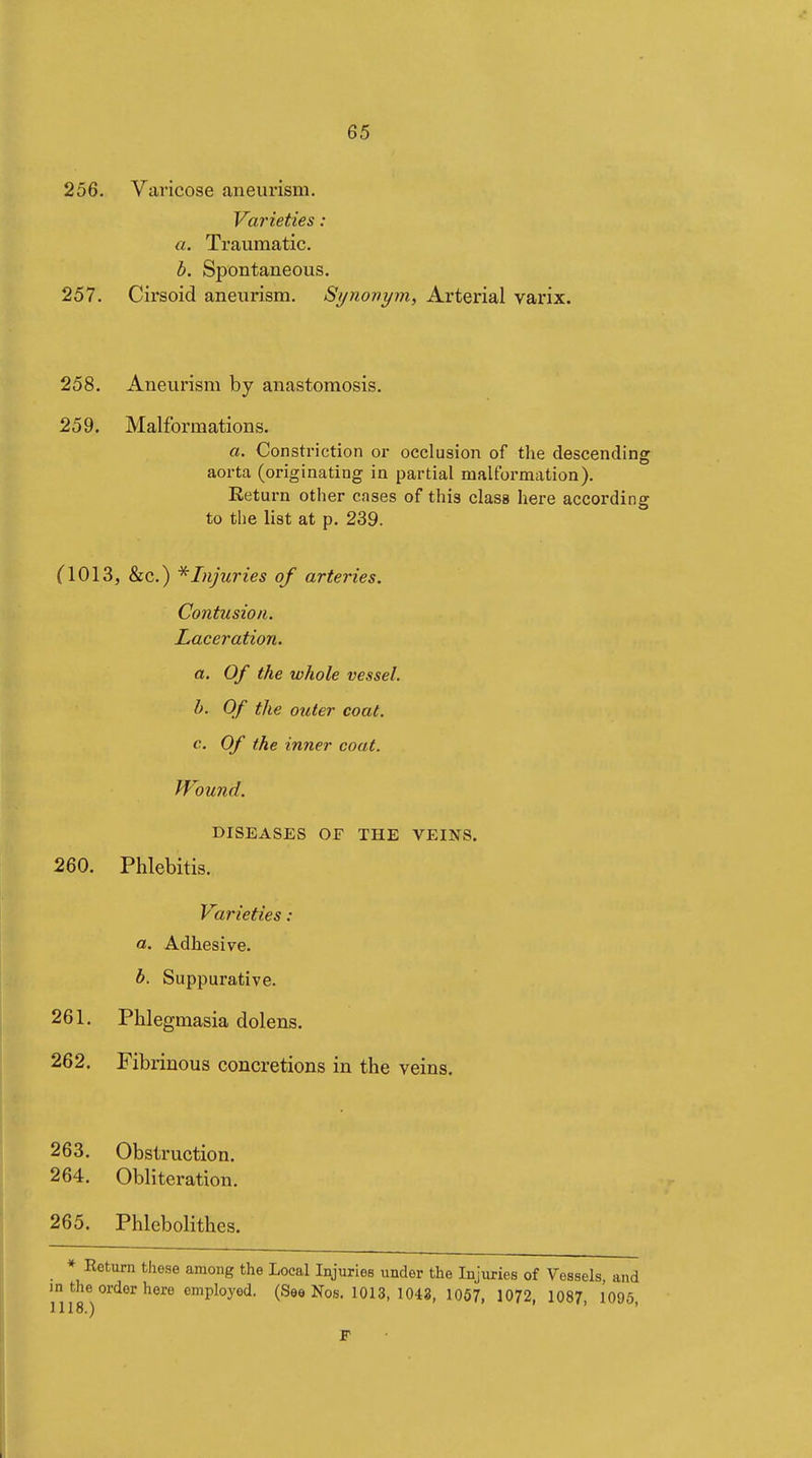 256. Varicose aneurism. Varieties : a. Traumatic. b. Spontaneous. 257. Cirsoid aneurism. Synonym, Arterial varix. 258. Aneurism by anastomosis. 259. Malformations. a. Constriction or occlusion of the descending aorta (originating in partial malformation). Return other cases of this class here accoi-ding to the list at p. 239. (1013, &c.) * Injuries of arteries. Contusion. Laceration. a. Of the whole vessel. b. Of the outer coat. c. Of the inner coat. Wound. DISEASES or THE VEINS. 260. Phlebitis. Varieties : a. Adhesive. b. Suppurative. 261. Phlegmasia dolens. 262. Fibrinous concretions in the veins. 263. Obstruction. 264. Obliteration. 265. Phlebolithes. » Return these among the Local Injuries under the Injuries of Vessels, and in the order here employed. (See Nos. 1013, 1043, 1057, 1072, 1087, 1095, 1118. Ì ' 1118.)