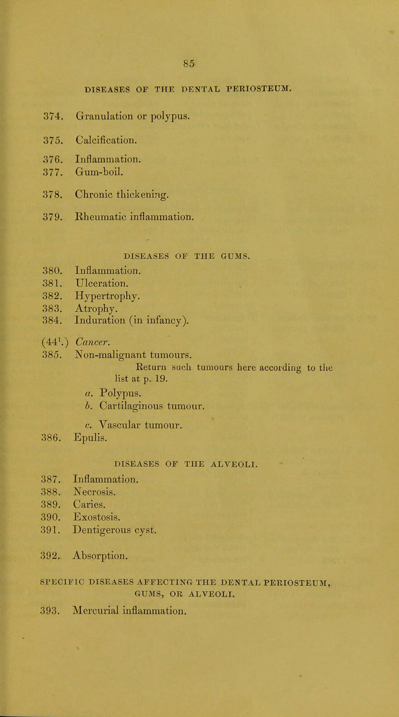 DISEASES OF THE DENTAL PERIOSTEUM. 374. Granulation or polypus. 375. Calcification. 376. Inflammation. 377. Gum-boil. 378. Chronic thickening. 379. Rheumatic inflammation. DISEASES OP THE GUMS. 380. Inflammation. 381. Ulceration. 382. Hypertrophy. 383. Atrophy. 384. Induration (in infancy), (44^) Cancer. 385. Non-malignant tumours. Return such tumours here according to the list at p. 19. a. Polypus. h. Cartilaginous tumour. c. Vascular tumour. 386. Epulis. DISEASES OF THE ALVEOLI. 387. Inflammation. 388. Necrosis. 389. Caries. 390. Exostosis. 391. Dentigerous cyst. 392. Absorption. SrECIFIC DISEASES AFFECTING THE DENTAL PERIOSTEUM, GUMS, OR ALVEOLI. 393. Mercuiial inflammation.