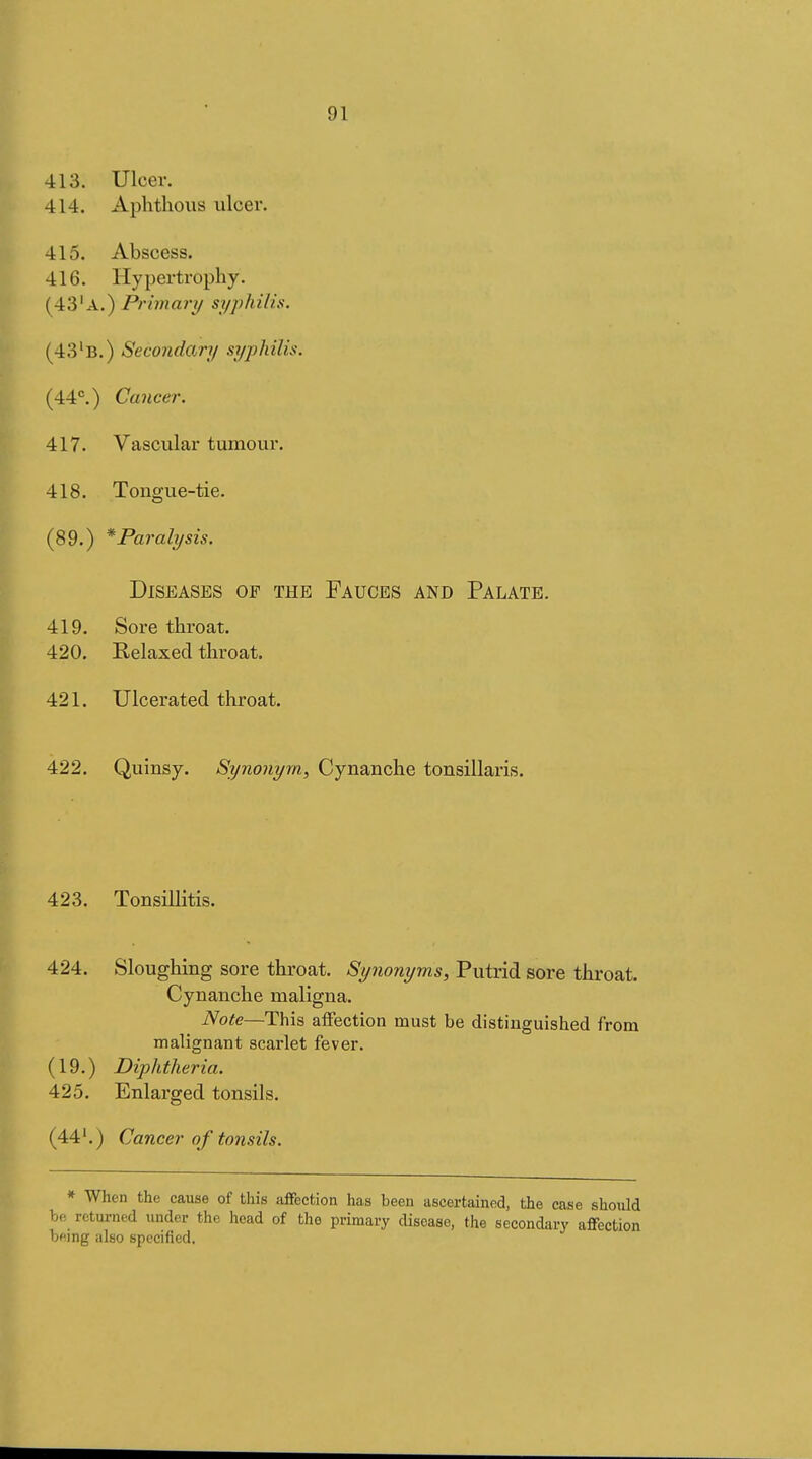 413. Ulcer. 414. Aphthous ulcer. 415. Abscess. 416. Hypertrophy. (43'a.) Primary syphilis. (43'b.) Secondary syphilis. (44''.) Cancer. 417. Vascular tumour. 418. Tongue-tie. (89.) * Paralysis. Diseases of the Fauces and Palate. 419. Sore throat. 420. Relaxed throat. 421. Ulcerated throat. 422. Quinsy. Synonym, Cynanche tonsillaris. 423. Tonsillitis. 424. Sloughing sore throat. Synonyms, Putrid sore throat. Cynanche maligna. Note—This affection must be distinguished from malignant scarlet fever. (19.) Diplttheria. 425. Enlarged tonsils. (44'.) Cancer of tonsils. * When the cause of this affection has been ascertained, the case shoiüd bo returned under the head of the primary disease, the secondary affection