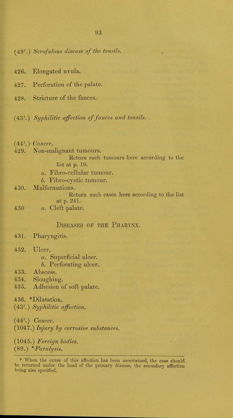 (49'.) ò'crofulous disease of the tonsils. 426. Elongated uvula. 427. Perforation of the palate. 428. Stricture of the fauces. (43'.) Syphilitic affection of fauces and tonsils. (44'.) Cancer. 429. Non-malignant tumours. Return such tumours here according to the list at p. 19. a. Fibro-cellular tumour. h. Fibro-cystic tumour. 430. Malformations. Return such cases here according to the list at p. 241. 430 a. Cleft palate. Diseases of the Pharynx. 431. Pharyngitis. 432. Ulcer. a. Superficial ulcer. b. Perforating ulcer. 433. Abscess. 434. Sloughing. 435. Adhesion of soft palate. 436. *Dilatation. (43'.) Syphilitic affection. (44'.) Cancer. ÇlOi7.) Injury by corrosive substances. (1045.) Foreign bodies. (89.) *Paralysis. * When the cause of this affection has been ascertained, the case should be returned under the head of the primary disease, the secondary affection