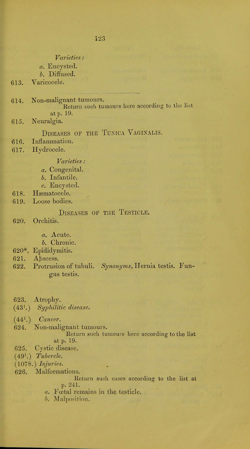 Varieties : a. Encysted. b. Diffused. 613. Varicocele. 614. Non-malignant tumours. Keturn siich tumours here according to the Hst at p. 19. 615. Neuralgia. Diseases of the Tunica Vaginalis. 616. Inflammation. 617. Hydrocele. Varieties : a. Congenital. b. Infantile. c. Encysted. 618. Hematocele. 619. Loose bodies. Diseases of the Testicle. 620. Orchitis. a. Acute. b. Chronic. 620*. Epididymitis. 621. Abscess. 622. Protrusion of tubuli. Synonyms, Hernia testis. Fun- gus testis. 623. Atrophy. (43'.) Syphilitic disease. (44^) Cancer. 624. Non-mahgnant tumours. Return such tumours here according to the list at p. 19. 625. Cystic disease. (49^) Tubercle. (1078.) Injuries. 626. Malformations. Return such cases according to the list at p. 241. a. Foetal remains in the testicle. h. Malposition.