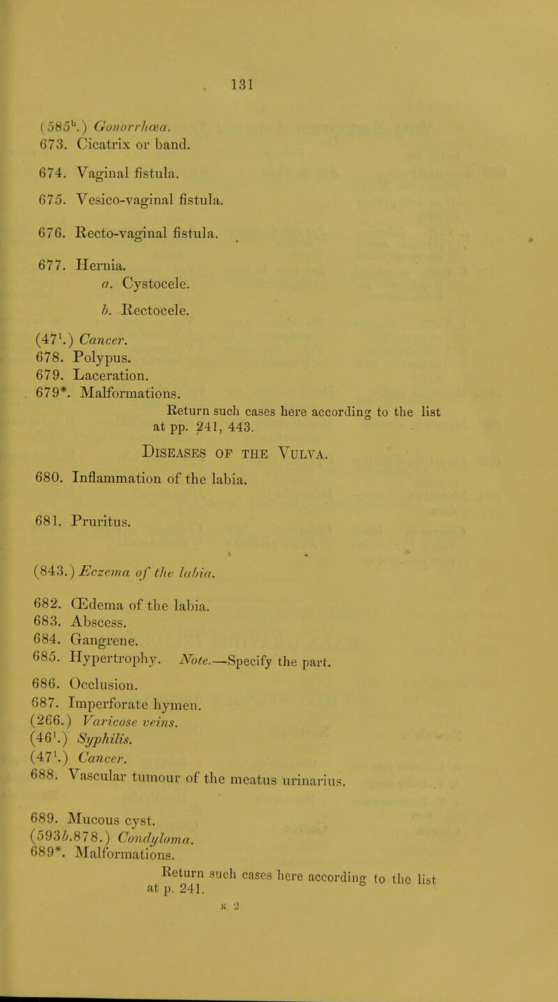 (585''.) Gonorrliœa. 673. Cicatrix or band. 674. Vaginal fistula. 675. Vesico-vaginal fistula. 676. Kecto-vaginal fistula. 677. Hernia. a. Cystocele. b. Rectocele. (47'.) Cancer. 678. Polypus. 679. Laceration. 679*. Malformations. Return such cases here according to the list at pp. ^41, 443. Diseases of the Vulva. 680. Inflammation of the labia. 681. Pruritus. {^4:^.) Eczema of the lahia. 682. Œdema of the labia. 683. Abscess. 684. Gangrene. 685. Hypertrophy. iVo^e.—Specify the part. 686. Occlusion. 687. Imperforate hymen. (266.) Vai 'icose veins. (46'.) Syphilis. (4:7'.) Cancer. 688. Vascular tumour of the meatus urinarius. 689. Mucous cyst. (593Ì.878.) Condyloma. 689*. Malformations. Return such cases here according to the list at p. 241.