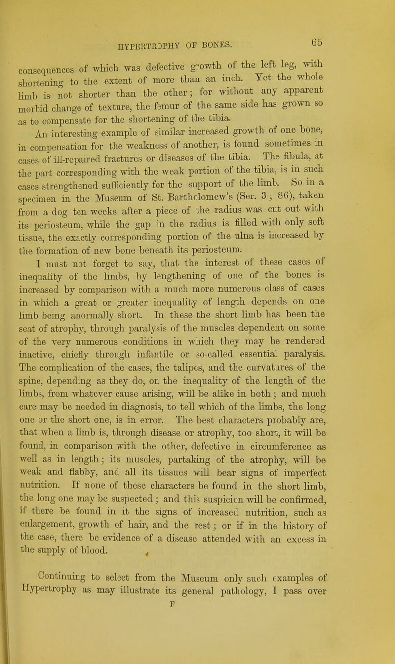 consequences of which was defective growth of the left leg, with shortening to the extent of more than an inch. Yet the whole limb is not shorter than the other; for without any apparent morbid change of texture, the femur of the same side has grown so as to compensate for the shortening of the tibia. An interesting example of similar increased growth of one bone, in compensation for the weakness of another, is found sometimes in cases of ill-repaired fractures or diseases of the tibia. The fibula, at the part correspondmg with the weak portion of the tibia, is in such cases strengthened sufficiently for the support of the limb. So in a specunen in the Museum of St. Bartholomew's (Ser. 3 ; 86), taken from a dog ten weeks after a piece of the radius was cut out with its periosteum, while the gap in the radius is filled with only soft tissue, the exactly corresponding portion of the ulna is increased by the formation of new bone beneath its periosteum; I must not forget to say, that the interest of these cases of inequality of the Imibs, by lengthening of one of the bones is increased by comparison with a much more numerous class of cases in which a great or greater inequality of length depends on one limb being anormally short. In these the short limb has been the seat of atrophy, through paralysis of the muscles dependent on some of the very numerous conditions in which they may be rendered inactive, chiefly through infantile or so-called essential paralysis. The complication of the cases, the talipes, and the curvatures of the spine, depending as they do, on the inequality of the length of the limbs, from whatever cause arising, will be alike in both; and much care may be needed in diagnosis, to tell which of the hmbs, the long one or the short one, is in error. The best characters probably are, that when a Hmb is, through disease or atrophy, too short, it will be found, in comparison with the other, defective in circumference as well as in length; its muscles, partaking of the atrophy, will be weak and flabby, and all its tissues will bear signs of imperfect nutrition. If none of these characters be found in the short limb, the long one may be suspected ; and this suspicion will be confirmed, if there be found in it the signs of increased nutrition, such as enlargement, growth of hair, and the rest; or if in the history of the case, there be evidence of a disease attended with an excess in the supply of blood. < Continuing to select from the Museum only such examples of Hypertrophy as may illustrate its general pathology, I pass over F