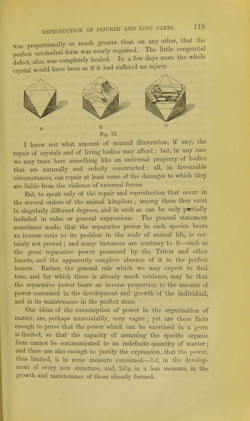 WIS proportionally so much greater than on any other, that the TxLt octohedral form was nearly regained. The httle congemtal defect also, was completely healed. In a few days more the whole crystal would have been as if it bad suffered no injury. A B Fig. 13. I know not what amount of mutual Ulustration, if any, the repair of crystals and of hving bodies may afford ; but, in any case we may trace here something like an universal property of bodies that are naturally and orderly constructed: all, in ftivourable circumstances, can repair at least some of the damages to which they are hable from the violence of external forces. But, to speak only of the repair and reproduction that occur in the several orders of the animal kingdom; among these they exist in singularly different degrees, and in such as can be only partially included in rules or general expressions. The general statement sometimes made, that the reparative power in each species bears an inverse ratio to its position in the scale of animal life, is cer- tainly not proved; and many instances are contrary to it—such as the great reparative power possessed by the Triton and other lizards, and the apparently complete absence of it in the perfect insects. Eather, the general rule which we may expect to find true, and for which there is already much evidence, may be that the reparative power bears an inverse proportion to the amount of power consumed in the development and growth of the individual, and in its maintenance in the perfect state. Our ideas of the consumption of power in the organisation of matter, are, perhaps unavoidably, very vague; yet are there facts enough to prove that the power which can be exercised in a germ is limited, so that the capacity of assuming the specific organic form cannot be communicated to an indefinite quantity of matter; and there are also enough to justify the expression, that the poAver, thus limited, is in some measure consumed—\st, in the develop- ment of every new structure, and, 2dhj, in a less measure, in the growth and maintenance of those already formed.