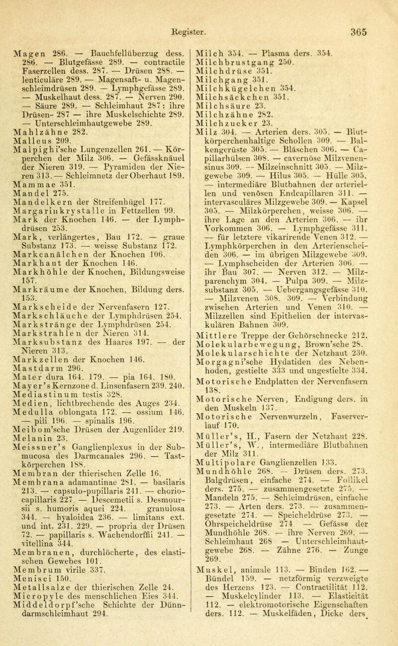 Magen 286. — Bauchfellüberzug dess. 286. — Blutgefässe 289. — contractile Faserzellen dess. 287. — Drüsen 288. — lenticuläre 289. — Magensaft- u. Magen- schleimdrüsen 289. — Lymphgefässe 289. — Muskelhaut dess. 287. — Nerven 290. — Säure 289. — Schleimhaut 287 : ihre Drüsen- 287 — ihre Muskelschichte 289. — Unterschleimhautgewebe 289. Mahlzähne 282. Malleus 209. Malpighi'sche Lungenzellen 261. — Kör- perchen der Milz 306. — Gefässknäuel der Nieren 319. — Pyramiden der Nie- ren 313.— Schleimnetz derOberhaut 1S9. Mammae 351. Mandel 275. Mandelkern der Streifenhügel 177. Margarinkrystalle in Fettzellen 99. Mark der Knochen 146. — der Lymph- drüsen 253. Mark, verlängertes, Bau 172. — graue Substanz 173. — weisse Substanz 172. Markcanälchen der Knochen 106. Markhaut der Knochen 146. Markhöhle der Knochen, Bildungsweise 157. Mark räume der Knochen, Bildung ders. 153. Markscheide der Nervenfasern 127. Markschläuche der Lymphdrüsen 254. Markstränge der Lymphdrüsen 254. Markstrahlen der iN'ieren 314. Marksubstanz des Haares 197. — der Nieren 313. Markzellen der Knochen 146. Mastdarm 296. Mater dura 164. 179. — pia 164. 180. May er's Kernzone d. Linsenfasern 239. 240. Mediastinum testis 328. Medien, lichtbrechende des Auges 234. Medulla oblongata 172. — ossium 146. — pili 196. — spinalis 196. Meibom'sche Drüsen der Augenlider 219. Melanin 23. Meissner's Ganglienplexus in der Sub- mucosa des Darmcanales 296. — Tast- körperchen 188. Membran der thierischen Zelle 16. Membrana adamantinae 281. — basilaris 213. — capsulo-pupillaris 241. — chorio- capillaris 227. — Descemetii s. Desmour- sii s. humoris aquei 224. granulosa 344. — hyaloidea 236. — limitans ext. und int. 231. 229. — propria der Drüsen 72. — papillaris s. Wachendorffii 241. — vitellina 344. Membranen, durchlöcherte, des elasti- schen Gewebes 101. Membrum virile 337. Menisci 150. Metallsalze der thierischen Zelle 24. Micropyle des menschlichen Eies 344. Middeldorpf'sche Schichte der Dünn- darmschleimhaut 294. Milch 354. — Plasma ders. 354. Milchbrustgang 250. Milchdrüse 351. Milchgang 351. Milchkügelchen 354. Milchsäckchen 351. Milchsäure 23. Milchzähne 282. Milchzucker 23. Milz 304. — Arterien ders. 305. — Blut- körperchenhaltige Schollen 309. — Bal- kengerüste 305. — Bläschen 306. — Ca- pillarhülsen 308. — cavernöse Milzvenen- sinus 309. — Milzeinschnitt 305. — Milz- gewebe 309. — Hilus 305. — Hülle 305. — intermediäre Blutbahnen der arteriel- len und venösen Endcapillaren 311. — intervasculäres Milzgewebe 309. — Kapsel 305. — Milzkörperchen, weisse 306. — ihre I>age an den Arterien 3Ü(). — ihr Vorkommen 30(). — Lymphgefässe 311. — für letztere A'ikarirende Venen 312. — Lymphkörpcrchen in den Arterienschei- den 306. — im übrigen Milzgewebe 309. — Lymphscheiden der Arterien 306. —• ihr Bau 307. — Nerven 312. — ISIilz- parenchym 304. — Pulpa 309. — ^Nlilz- substanz 305. — Uebergangsgefässe .*>10. — Milzvenen 308. 309. — Verbindung zwischen Arterien und Venen 310. — Milzzellen sind Epithelien der intervas- kulären Bahnen 309. Mittlere Treppe der Gehörschnecke 212. M o 1 e k u 1 a r b e w e g u n g, Brown'sche 28. Molekularschichte der Netzhaut 230. Morgagni'sche Hydatiden des Neben- hoden, gestielte 333 und ungestielte 334. Motorische Endplatten der Nervenfasern 138. Motorische Nerven, Endigung ders. in den Muskeln 137. Motorische Nervenwurzeln, Faserver- lauf 170. Müller's, H., Fasern der Netzhaut 228. M ü 11 e r' s, W., intermediäre Blutbahnen der Milz 311. Multipolare Ganglienzellen )33. Mundhöhle 268. - Drüsen ders. 273. Balgdrüsen, einfache 274. — Follikel ders. 275. — zusammengesetzte 275. — Mandeln 275. — Schleimdrüsen, einfache 273. — Arten ders. 273. — zusammen- gesetzte 274. — Speicheldrüse 273. — Ohrspeicheldrüse 274. — Gefässe der Mundhöhle 268. — ihre Nerven 269. — Schleimhaut 268 — Unterschleimhaut- gewebe 268. — Zähne 276. — Zunge 269. Muskel, animale 113. — Binden 162.—■ Bündel 159. — netzförmig verzweigte des Herzens 123. — Contractilität 112. — Muskelcylinder 113. — Elasticität 112. — elektromotorische Eigenschaften ders. 112. — Muskelfäden, Dicke ders^