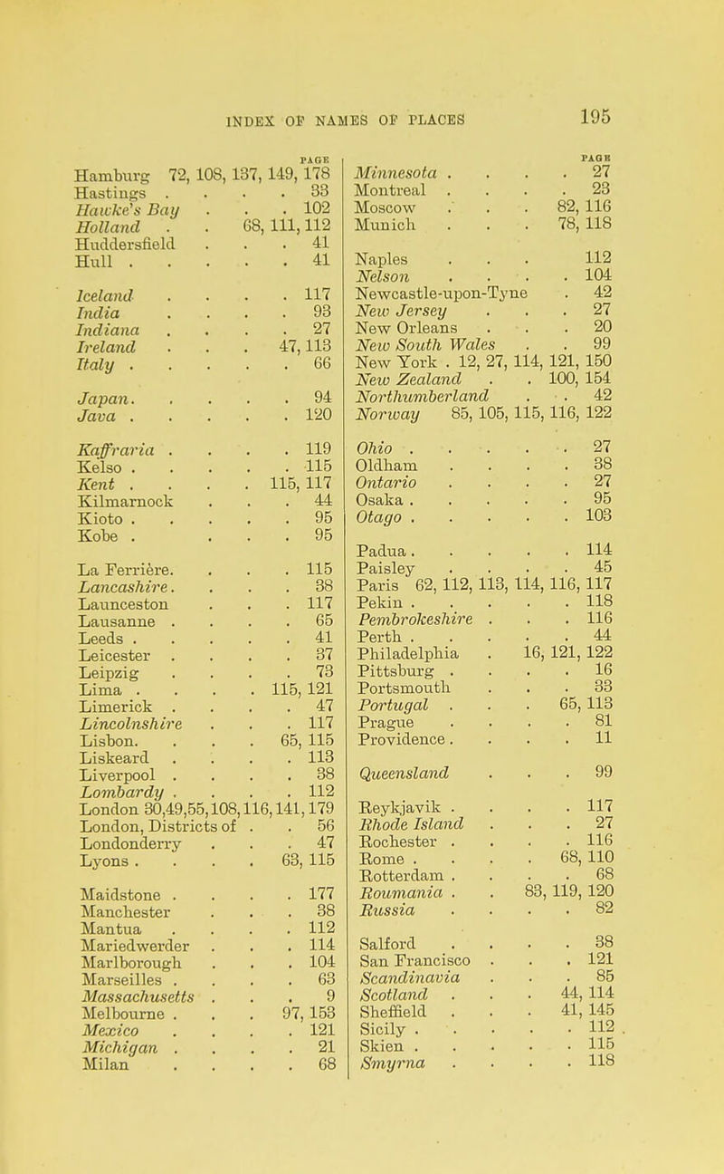 PAGE Hambnrs 72, 108,137,149,178 Hastings . . 83 Hawkers Bay . 102 Holland no 111 110 Huddersfield . 41 Hull . . 41 Iceland . 117 India 9o Indiana an 27 Ireland 47, lid Italy . . 66 Japan. 94 Java . . 120 Kaffraria . . 119 Kelso . . 115 Kent . 115, 117 Kilmarnock 44 Kioto . 95 Kote . 95 La Feri-iere. . 115 Lancashire. 38 Launceston . 117 Lausanne . bo Leeds . 41 Leicester 37 Leipzig no 7o Lima . . 115, 121 Limerick . 47 Lincolnshire . 117 Lisbon. 65, 115 Liskeard . 113 Liverpool . 38 Lombardy . . 112 London 30,49,55,108, 116,141,179 London, Districts of 56 Londonderry- 47 Lyons . 63, 115 Maidstone . . 177 Manchester . 38 Mantua . 112 Mariedwerder . 114 Marlborough . 104 Marseilles . . 63 Massachusetts . 9 Melbourne . . 97, 153 Mexico . 121 Michigan . . 21 Milan . 68 FAOB Minnesota .... 27 Montreal .... 23 Moscow . . . 82, 116 Munich ... 78, 118 Naples . . . 112 Nelson . . . . 104 Newcastle-upon-Tyne . 42 New Jersey ... 27 New Orleans ... 20 New South Wales . . 99 New York . 12, 27, 114, 121, 150 New Zealand . . 100, 154 Northumberland . . 42 Norway 85, 105,115,116, 122 Ohio . . . . . 27 Oldham .... 38 Ontario .... 27 Osaka 95 Otago 103 Padua 114 Paisley .... 45 Paris 62, 112, 113, 114, 116, 117 Pekin 118 Pembrokeshire . . . 116 Perth 44 Philadelphia . 16, 121, 122 Pittsburg .... 16 Portsmouth ... 33 Portugal ... 65,113 Prague .... 81 Providence.... 11 Queensland ... 99 Reyk,]'avik .... 117 Rhode Island ... 27 Rochester .... 116 Rome .... 68, 110 Rotterdam .... 68 Roumania . . 83, 119, 120 Russia .... 82 Salford .... 38 San Francisco . . . 121 Scandinavia ... 85 Scotland ... 44, 114 Sheffield . . . 41, 145 Sicily 112 . Skien 115 Smyrna .... 118