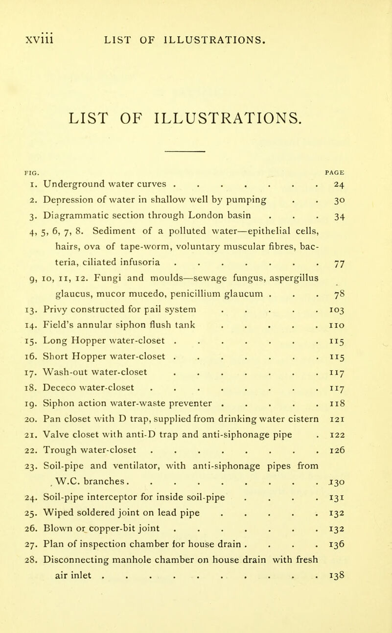 LIST OF ILLUSTRATIONS. FIG. PAGE 1. Underground water curves 24 2. Depression of water in shallow well by pumping . . 30 3. Diagrammatic section through London basin ... 34 4. 5, 6, 7, 8. Sediment of a polluted water—epithelial cells, hairs, ova of tape-worm, voluntary muscular fibres, bac- teria, ciliated infusoria ....... 77 g, 10, 11, 12. Fungi and moulds—sewage fungus, aspergillus glaucus, mucor mucedo, penicillium glaucum ... 78 13. Privy constructed for pail system ..... 103 14. Field's annular siphon flush tank . . . . .110 15. Long Hopper water-closet ....... 115 16. Short Hopper water-closet . . . . . . . 115 17. Wash-out water-closet . . . . . . . 117 18. Dececo water-closet 117 19. Siphon action water-waste preventer . . . . .118 20. Pan closet with D trap, supplied from drinking water cistern 121 21. Valve closet with anti-D trap and anti-siphonage pipe . 122 22. Trough water-closet ........ 126 23. Soil-pipe and ventilator, with anti-siphonage pipes from , W.C. branches 130 24. Soil-pipe interceptor for inside soil-pipe .... 131 25. Wiped soldered joint on lead pipe ..... 132 26. Blown or copper-bit joint 132 27. Plan of inspection chamber for house drain .... 136 28. Disconnecting manhole chamber on house drain with fresh air inlet 138