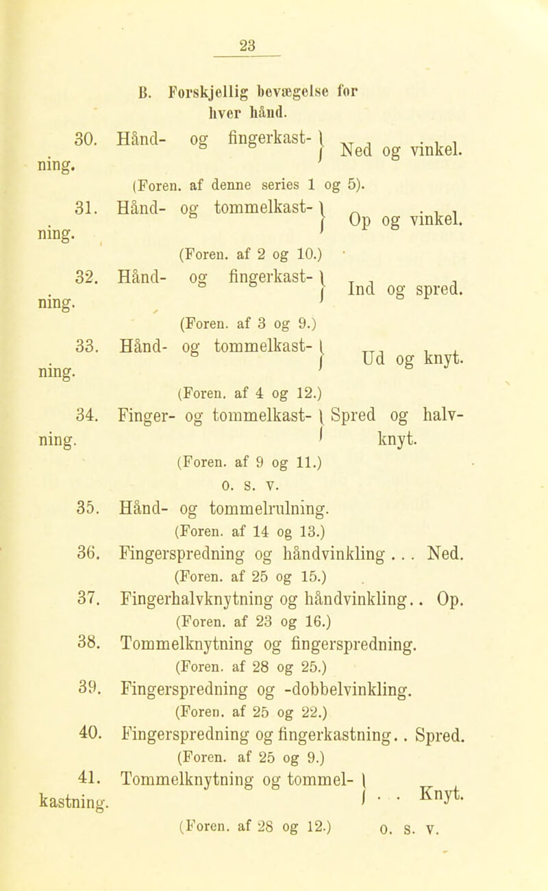 ning. ning. ning. B. Forskjellig bevægelse for hver Mild. 30. Hånd- og fingerkast- \ „ , . , , ^ I Ned og vinkel. ning. (Foren, af denne series 1 og 5). 31. Hånd- og tommelkast-\ ^ . , , j Op og vinkel. (Foren, af 2 og 10.) 32. Hånd- og fingei'kast- \ , , , * j Ind og spred. (Foren, af 3 og 9.) 33. Hånd- og tommelkast-1 . , ^ / Ud og knyt. (Foren, af 4 og 12.) 34. Finger- og tommelkast- \ Spred og kalv- ning. ' knyt. (Foren, af 9 og 11.) 0. S. V. 35. Hånd- og tommelrnlning. (Foren, af 14 og 13.) 36. Fingerspredning og håndvinkling ... Ned. (Foren, af 25 og 15.) 37. Fingerhalvknytning Og håndvinkling.. Op. (Foren, af 23 og 16.) 38. Tommelknytning og fingerspredning. (Foren, af 28 og 25.) 39. Fingerspredning og -dobbelvinkling. (Foren, af 25 og 22.) 40. Fingerspredning Og fingerkastning.. Spred. (Foren, af 25 og 9.) 41. Tommelknytning og tommel- 1 kastning. i • ' ^J^* (Foren, af 28 og 12.) o. S. V.