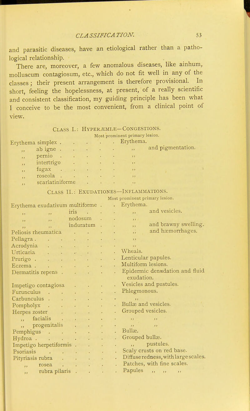 and parasitic diseases, have an etiological rather than a patho- logical relationship. There are, moreover, a few anomalous diseases, like ainhum, molluscum contagiosum, etc., which do not fit well in any of the classes; their present arrangement is therefore provisional. In short, feeling the hopelessness, at present, of a really scientific and consistent classification, my guiding principle has been what I conceive to be the most convenient, from a clinical point of view. Class I.: Hyper^mi^e— Congestions Most prominent primary lesion. Erythema simplex Erythema. ab igne . pernio intertrigo fugax roseola . scarlatiniforme Class II.: and pigmentation. Exudationes—Inflammations. Most prominent primary lesion. Erythema exudativum multiforme iris „ ,, nodosum n ,, induratum Peliosis rheumatica Pellagra . Acrodynia Urticaria Prurigo . Eczema . Dermatitis repens Impetigo contagiosa Furunculus Carbunculus . Pompholyx Herpes zoster facialis ,, progenitalis Pemphigus Hydroa . Impetigo herpetiformis Psoriasis Pityriasis rubra ,, rosea ,, rubra pilaris Erythema. and vesicles. and brawny swelling, and haemorrhages. Wheals. Lenticular papules. Multiform lesions. Epidermic denudation and fluid exudation. Vesicles and pustules. Phlegmonous. i > Bullae and vesicles. Grouped vesicles. Bullae. Grouped bulla;. ,, pustules. Scaly crusts on red base. Diffuse redness, with large scales. Patches, with fine scales. Papules ,, „