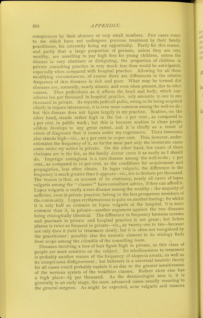 conspicuous by their absence or very small numbers. Few cases come to me which have not undergone previous treatment by their family practitioner, his extremity being my opportunity. Partly for this reason, and partly that a large proportion of persons, unless they are very wealthy, are unwilling to pay high fees for young children, unless the disease is very obstinate or disfiguring, the proportion of children in private consulting practice is very much less than would be anticipated, especially when compared with hospital practice. Allowing for all these modifying circumstances, of course there are differences in the relative frequency of skin diseases in rich and poor. What may be termed dirt diseases are, naturally, nearly absent, and even when present, due to other causes. Thus pediculosis as it affects the head and body, which con- stitutes ten per thousand in hospital practice, only amounts to one in one thousand in private. As regards pediculi pubis, owing to its being acquired chiefly in impure intercourse, it is even more common among the well-to-do ; but this disease does not figure largely in my practice. Scabies, on the other hand, stands rather high in the list—2 per cent., as compared to 4 per cent, in public work; but this is because scabies in clean people seldom develops to any great extent, and it is chiefly as a result of errors of diagnosis that it comes under my cognisance. Tinea tonsurans also stands high—viz., as 5 per cent, to 10per cent. This, however, under- estimates the frequency of it, as for the most part only the inveterate cases come under my notice in private. On the other hand, few cases of tinea circinata are in the list, as the family doctor cures it as easily as I should do. Impetigo contagiosa is a rare disease among the well-to-do ; 1 per cent., as compared to 10 per cent, as the conditions for acquirement and propagation, less often obtain. In lupus vulgaris, the difference in the frequency is much greater than it appears—viz., ten to thirteen per thousand. The reason is that, on account of its obstinacy, nearly all cases of lupus vulgaris among the classes have consultant advice, if they can afford it. Lupus vulgaris is really a rare disease among the wealthy ; the majority of sufferers, even in private practice, belong to the less prosperous members of the community. Lupus erythematosus is quite on another footing; for whilst it is only half as common as lupus vulgaris at the hospital, it is more common than it, in private—another argument against the two diseases being etiologically identical. The difference in frequency between eczema and psoriasis in private and hospital practice is not great; but lichen planus is twice as frequent in private—viz., as twenty-one to ten—because not only does it yield to treatment slowly, but it is often not recognised by the practitioner; possibly also the neurotic element in its etiology finds freer scope among the clientele of the consulting room. Diseases involving a loss of hair figure high in private, as this class of people are more sensitive on the subject. Its rebelliousness to treatment is probably another reason of the frequency of alopecia areata, as well as its conspicuous disfigurement; but believers in a universal neurotic theory for all cases would probably explain it as due to the greater sensitiveness of the nervous system of the wealthier classes. Rodent ulcer also has a high place—6£ per thousand. As the dermatologist sees it, it is generally in an early stage, the more advanced cases usually resorting to the general surgeon. As might be expected, acne vulgaris and rosacea