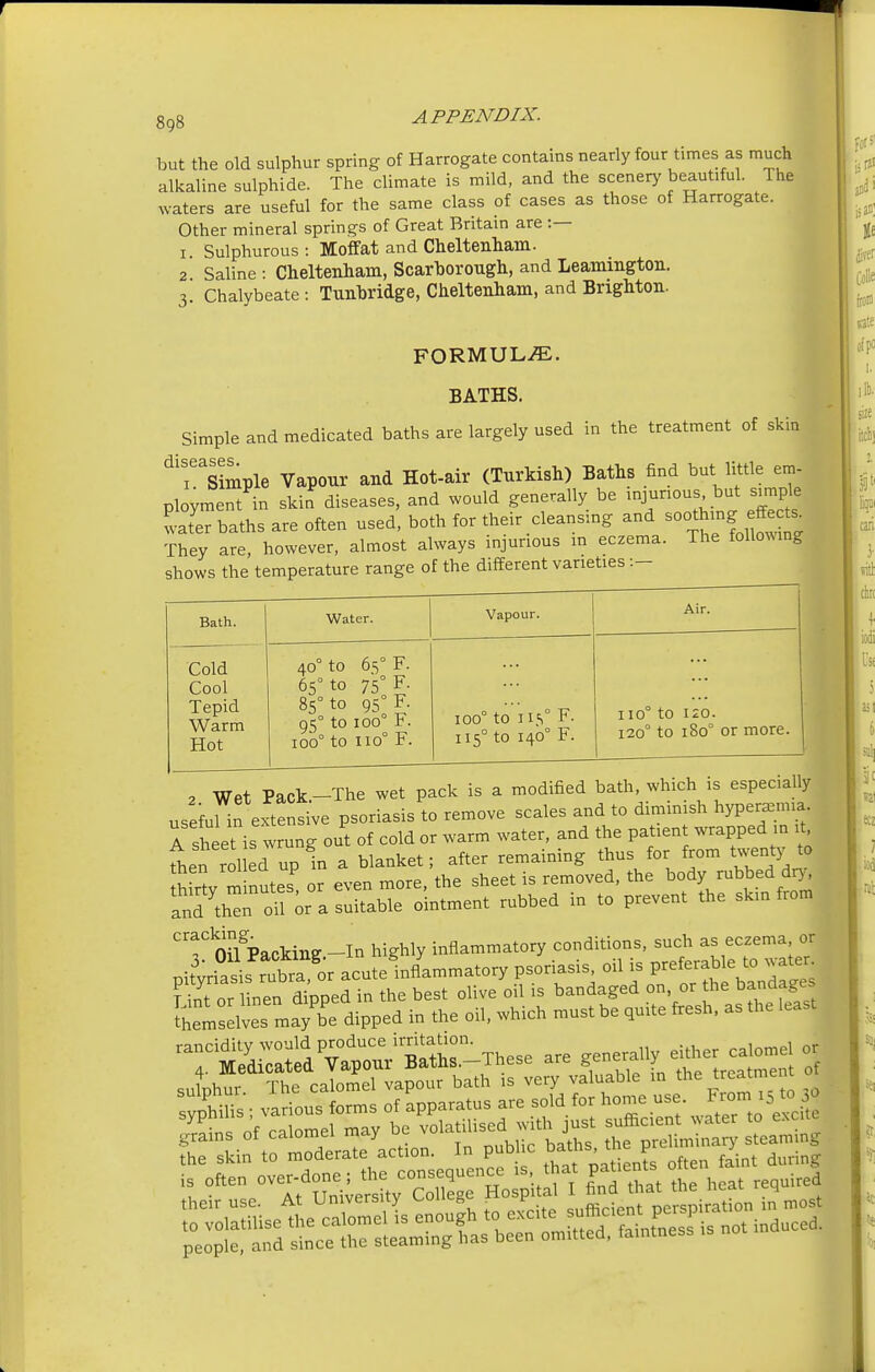 but the old sulphur spring of Harrogate contains nearly four times as much alkaline sulphide. The climate is mild, and the scenery beautiful. The waters are useful for the same class of cases as those of Harrogate. Other mineral springs of Great Britain are :— i. Sulphurous : Moffat and Cheltenham. 2 Saline : Cheltenham, Scarborough, and Leamington. 3 Chalybeate : Tunbridge, Cheltenham, and Brighton. FORMUL/E. BATHS. Simple and medicated baths are largely used in the treatment of ski ^riimple Vapour and Hot-air (Turkish) Baths find but little em ploymenMn skin diseases, and would generally be injurious but su.pl water baths are often used, both for their cleansing and - ? They are, however, almost always injurious in eczema. The following Bath. Water. Vapour. Air. Cold Cool Tepid Warm Hot 4o° to 6s° F. 65° to 75° F. 85° to 95° F. 95° to 100° F. iob° to no° F. 100° to 115° F. 1150 to 140° F. 110° to 120. 120° to 180° or more. 2 Wet Pack.-The wet pack is a momnea ™, »'»>-'» useful in extensive psoriasis to remove seales and to dnmmsh hypera.ma. H met is wrung out of eold or warm water, and the patten wrapped ,„ t rolled up in a blanket; after remaining thus for from twenty to Mrtv m notes or even more, the sheet is removed, the body rubbed dry. SfrhT oil 01a suitable ointment robbed in ,0 prevent the skm from the skin to moderate action. f natients often faint during is often over-done; the consequence .s that patients o e