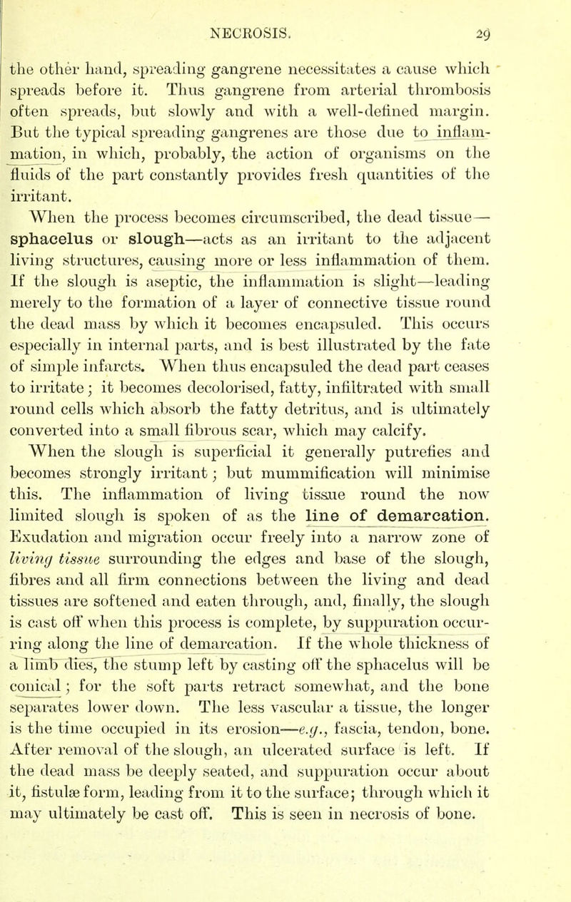 the other hand, spreading gangrene necessitates a cause which spreads before it. Thus gangrene from arterial thrombosis often spreads, but slowly and with a well-defined margin. But the typical spreading gangrenes are those due to jiiflani- mation, in which, probably, the action of organisms on the fluids of the part constantly provides fresh quantities of the irritant. When the process becomes circumscribed, the dead tissue— sphacelus or slough—acts as an irritant to the adjacent living structures, causing more or less inflammation of them. If the slough is aseptic, the inflammation is slight—leading merely to the formation of a layer of connective tissue round the dead mass by which it becomes encapsuled. This occurs especially in internal parts, and is best illustrated by the fate of simj^le infarcts. When thus encapsuled the dead part ceases to irritate; it becomes decolorised, fatty, infiltrated with small round cells which absorb the fatty detritus, and is ultimately converted into a small fibrous scar, which may calcify. When the slough is superficial it generally putrefies and becomes strongly irritant; but mummification will minimise this. The inflammation of living tis&ue round the now limited slough is spoken of as the line of demarcation. Exudation and migration occur freely into a narrow zone of living tissue surrounding the edges and base of the slough, fibres and all firm connections between the living and dead tissues are softened and eaten through, and, finally, the slough is cast oft' when this process is complete, by suppuration occur- ring along the line of demarcation. If the whole thickness of a limb dies', the stump left by casting olF the sphacelus will be conical; for the soft parts retract somewhat, and the bone separates lower down. The less vascular a tissue, the longer is the time occupied in its erosion-—e.g., fascia, tendon, bone. After removal of the slough, an ulcerated surface is left. If the dead mass be deeply seated, and suppuration occur about it, fistulseform, leading from it to the surface; through which it may ultimately be cast oft. This is seen in necrosis of bone.