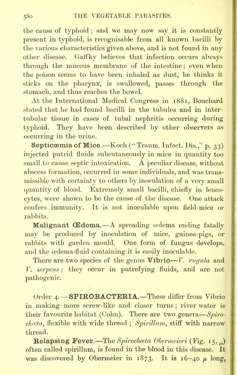 the cause of typhoid ; and we may now say it is constantly present in typhoid, is recognisable from all known bacilli by the various characteristics given above, and is not found in any other disease. GafFky believes that infection occurs ahvays through the mucous membrane of the intestine; even when the poison seems to have been inhaled as dust, he thinks it sticks on the pharynx, is swallowed, passes through the stomach, and thus reaches the bowel. At the International Medical Congress in 1881, Bouchard stated that he had found bacilli in the tubules and in inter- tubular tissue in cases of tubal nephritis occurring during typhoid. They have been described by other observers as occurring in the urine. Septicaemia of Mice.—Koch ( Traum. Infect. Dis., p. 33) injected putrid fluids subcutaneously in mice in quantity too small to cause septic intoxication. A peculiar disease, without abscess formation, occurred in some individuals, and was trans- missible with certainty to others by inoculation of a very small quantity of blood. Extremely small bacilli, chiefly in leuco- cytes, were shown to be the cause of the disease. One attack confers immunity. It is not inoculable upon field-mice or rabbits. Malignant CEdema.—A spreading redema ending fatally may be produced by inoculation of mice, guinea-pigs, or rabbits with garden mould. One form of fungus develops, and the oedema-fluid containing it is easily inoculable. There are two species of the genus Vibrio—F. rugula and V. serpens; they occur in putrefying fluids, and are not pathogenic. Order 4.— SPIROBACTERIA.—These differ from Vibrio in making more screw-like and closer turns; river water is their favourite habitat (Cohn). There are two genera—Spiro- chceta, flexible with wide thread ; Sjnrillu'm, stiff with narrow thread. Relapsing Fever.—The Spirochceta Ohermeieri (Fig. 15,10) often called spirillum, is found in the blood in this disease. It v/as discovered by Obermeier in 1873. It is 16-40 {x long,