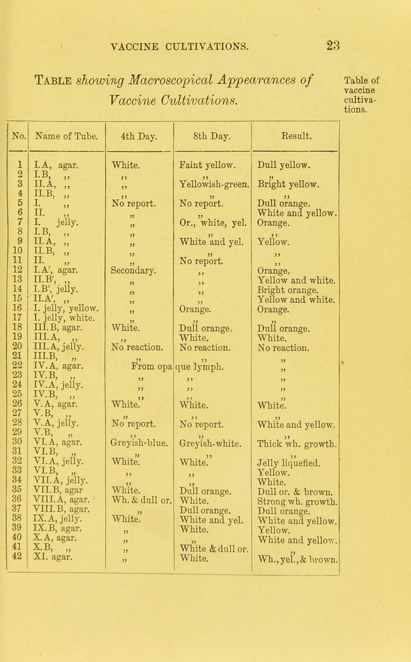 Table showing Macroscopical Appearances of Vaccine Cultivations. Table of vaccine cultiva- tions. No. 1 2 3 4 5 6 7 8 9 10 11 12 13 14 15 16 17 18 19 20 21 22 23 24 25 26 27 28 29 30 31 32 33 34 35 36 37 38 39 40 41 42 Name of Tube. agar. jelly. agar. LA, LB, ILA, TLB, li. L LB, ILA, TLB, IL LA', ILB', LB', jelly. ILA', „ I. jelly, yellow. I. jelly, wMte. III.B, agar. IILA, „ III. A, jelly. IILB, „ IV. A, agar. IV. B, „ IV.A, jelly. IV. B, „ V. A, agar. V.B, „ V.A, jelly. V. B, „ VI. A, agar. VLB, „ VI. A, jelly. VLB, „ VILA, jelly. VII. B, agar VIILA, agar. VIILB, agar. IX. A, jelly. IX. B, agar. X. A, agar. X. B, „ XI. agar. 4tb Day. WMte. No report. Secondary. White. No reaction. From opa it )> Wiite!' J) No report. J? Greyisli-blue. WMte. White. Wh. & dull or. White'.' 8th Day. Faint yellow. Yellowish-green. » No report. 73 Or., white, yel. 1) WMte and yel. » No report. 1 f )> >j J) Orange. )) Dull orange. White. No reaction. tt que lymph. )» White. >» No report. Greyish-wMte. White!' Dull orange. White. Dull orange. White and yel. White. Wh'ite &dull or. White. Result. DuU yellow. Bright yellow. Dull orange. White and yellow. Orange. Yeli'ow. Orange. Yellow and white. Bright orange. Yellow and white. Orange. )» Dull orange. White. No reaction. White. WMte and yellow. 33 Thick wh. growth. 33 Jelly liquefied. Yellow. White. Dull or. & brown. Strong wh. growth. Dull orange. White and yellow. Yellow. White and yellow. 33 Wh.,yel.,&brown,