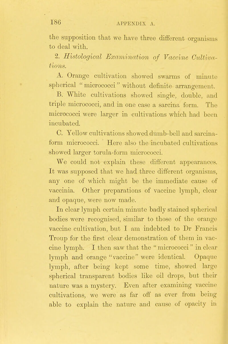 the supposition that we have three different organisms to deal with. 2. Histological Examination of Vaccine Gtdtiva- tions. A. Orange cultivation showed swarms of minute spherical  micrococci without definite arrangement. B. White cultivations showed single, double, and triple micrococci, and in one case a sarcina form. The micrococci were larger in cultivations which had been incubated. C. Yellow cultivations showed dumb-bell and sarcina- form micrococci. Here also the incubated cultivations showed larger torula-form micrococci. We could not explain these different a^Dpearauces. It was supposed that we had three different organisms, any one of which might be the immediate cause of vaccinia. Other preparations of vaccine Ij^mph, clear and opaque, were now made. In clear Ijrmph certain minute badly stained spherical bodies were recognised, similar to those of the orange vaccine cultivation, but I am indebted to Dr Francis Troup for the first clear demonstration of them in vac- cine lymph. I then saw that the  micrococci  in clear lymph and orange vaccine were identical. Opaque lymph, after being kept some time, showed large spherical transparent bodies like oil drops, but their nature was a mystery. Even after examining vaccine cultivations, we were as far off as ever from being able to explain the nature and cause of opacity in