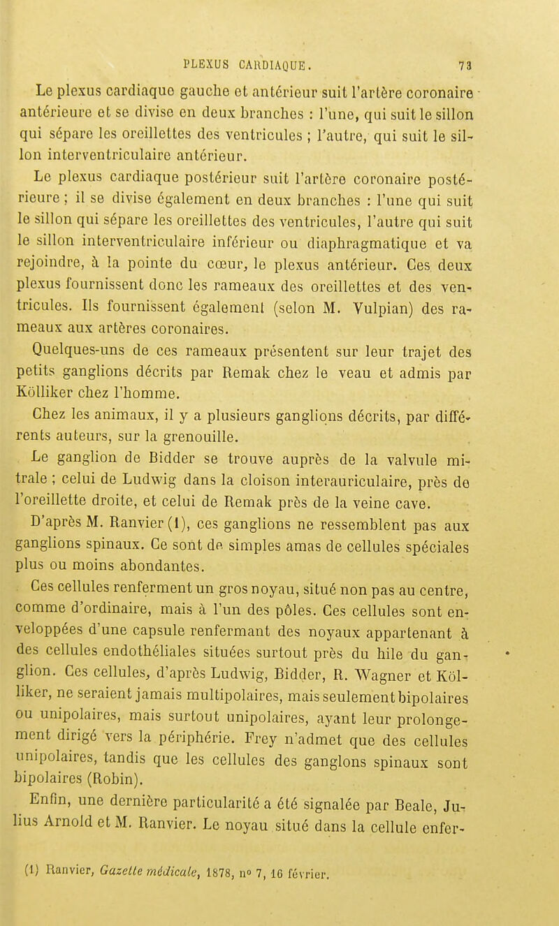 Le plexus cardiaque gauclie et antérieur suit l'artère coronaire ■ antérieure et se divise en deux branches : l'une, qui suit le sillon qui sépare les oreillettes des ventricules ; l'autre, qui suit le sil- lon interventriculaire antérieur. Le plexus cardiaque postérieur suit l'arlôre coronaire posté- rieure ; il se divise également en deux branches : l'une qui suit le sillon qui sépare les oreillettes des ventricules, l'autre qui suit le sillon interventriculaire inférieur ou diaphragmatique et va rejoindre, à la pointe du cœur, le plexus antérieur. Ces deux plexus fournissent donc les rameaux des oreillettes et des ven^ tricules. Ils fournissent également (selon M. Vulpian) des ra- meaux aux artères coronaires. Quelques-uns de ces rameaux présentent sur leur trajet des petits ganglions décrits par Remak chez le veau et admis par Kôlliker chez l'homme. Chez les animaux, il y a plusieurs ganglions décrits, par diffé- rents auteurs, sur la grenouille. Le ganglion de Bidder se trouve auprès de la valvule mi- trale ; celui de Ludwig dans la cloison interauriculaire, près de l'oreillette droite, et celui de Remak près de la veine cave. D'après M. Ranvier(l), ces ganglions ne ressemblent pas aux ganglions spinaux. Ce sont de simples amas de cellules spéciales plus ou moins abondantes. Ces cellules renferment un gros noyau, situé non pas au centre, comme d'ordinaire, mais à l'un des pôles. Ces cellules sont en- veloppées d'une capsule renfermant des noyaux appartenant à des cellules endothéliales situées surtout près du hile du gan- glion. Ces cellules, d'après Ludwig, Bidder, R. Wagner et Kôl- liker, ne seraient jamais multipolaires, mais seulement bipolaires ou unipolaires, mais surtout unipolaires, ayant leur prolonge- ment dirigé vers la périphérie. Frey n'admet que des cellules unipolaires, tandis que les cellules des ganglons spinaux sont bipolaires (Robin). Enfin, une dernière particularité a été signalée par Beale, Ju- lius Arnold et M. Ranvier. Le noyau situé dans la cellule enfer- (I) Ranvier, Gazelle médicale, 1878, n 7, 16 février.