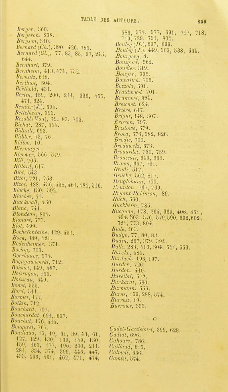 Berger, o60. Bergeron, 238. Bergson, 310. Bernard (Ch.), 390. 426. 78o. Bernard[CL), 77, 83, 8o, 97, 2ib, 644. Bernhart, 379. Bernheùn, 413,474, 7d2. Vernutz, 618. lierthiot, S04. Behhold, 431. fiey/m, 139', 200, 2U, 336, 433, 471,624. Besnier{J.),\)Qi. Bettelheim, 393. Bezold{Von), 79, 83, 703. B/e/ia<. 287, 644. Bidault, 693. BffZrfe/-, 73, 76. Bidloo, 10. Biermayer. Biermer, 366, 379. BîYZ, 706. Billard, 617. 520^, 343. BîYo^, 721, 733. Bizot, m, 436, 438,461,484,316. Blache, 130, 392. Blâchez, 41. Blackioall, 430. Blanc, lii. Blondeau, 804. Blondet, 377. Bfo/, 499. Boche fontaine, 129, 431. ^ocft, 389, 421. Bodenheimer, 371. Boehrn, 703. Boerhaave, 374. Bogayawlemki, 712. Boimet, 149, 487. Boisragon, 139. Boifsaeau, 349. Bonet, 333. 311. Bormel, 177. ^o^m, 712. Bouchard, 707. Bouchardat, 691, 697. Bouclait, 176, 414. Bougarel, 707. Bouïllaud, 13, 19, 31, 39, 43, 61, 127, 129, 1.30, 139, 149, 130, 139, 163, 177, 196, 200, 211, 281, 334, 374, 399, 443, 447, 433, 436, 461, 462, 471, 474, 485, 374, 377, 691, 717, 718, 719,729, 731, 804. Boulei/ {ir.),691, 699. ^owfe?/ (/.), 449, 303, 338, 334. Bourgerij, 8. Bousquet, 362. Bouvier, 319. Bouyer, 333. Bowditch, 706.' Bozzolo, 391. Braidwood. 701. Bramiuel, 824. Breschet, 624. Brière, 617. finV//?;, 148, 307. Brisson, 797. Bristowe, 379. Broca, 376, 382, 826. ^roofze, 700. Brodowski, 373. Brouardel, 130, 739. Broussais, 649, 639. Broiwi, 637, 751. Brudi, 317. 5n<eAe, 562, 817. Brughynann, Brunton, 161, 769. Bryant-Bobinson, 89. ^Mc/i, 360. Buckheim, 783. Bucquoy, 178, 264, 369, 406, 451 , 494,303, 376, 579,390, 592,602, 724, 773, 804. «M(/e, 163. fîwfZf/e, 77, 80, 83. /A<f/m, 267, 379, 394. //«//i, 283, 416, 504, 541, 533. Burcke, 484. Burdach, 195, 197. Burder, 726. Burdon, 410. Burellai, 372. Burkardt, 580. Burmann, 556. ^iM7),.$, 139, 288, 574. Burresi, 19. Burrows, 333. G Cadet-Gassicburt, 399, 628. Cadiat, 096. Cuhours, 786. Caillaud, 613. Calmeil, 330. Camisi, 374.